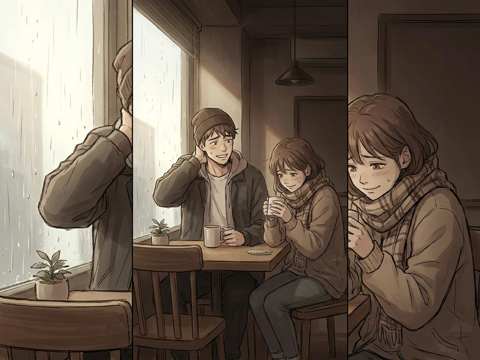 Two original adult webcomic characters in a quiet rainy cafe scene
