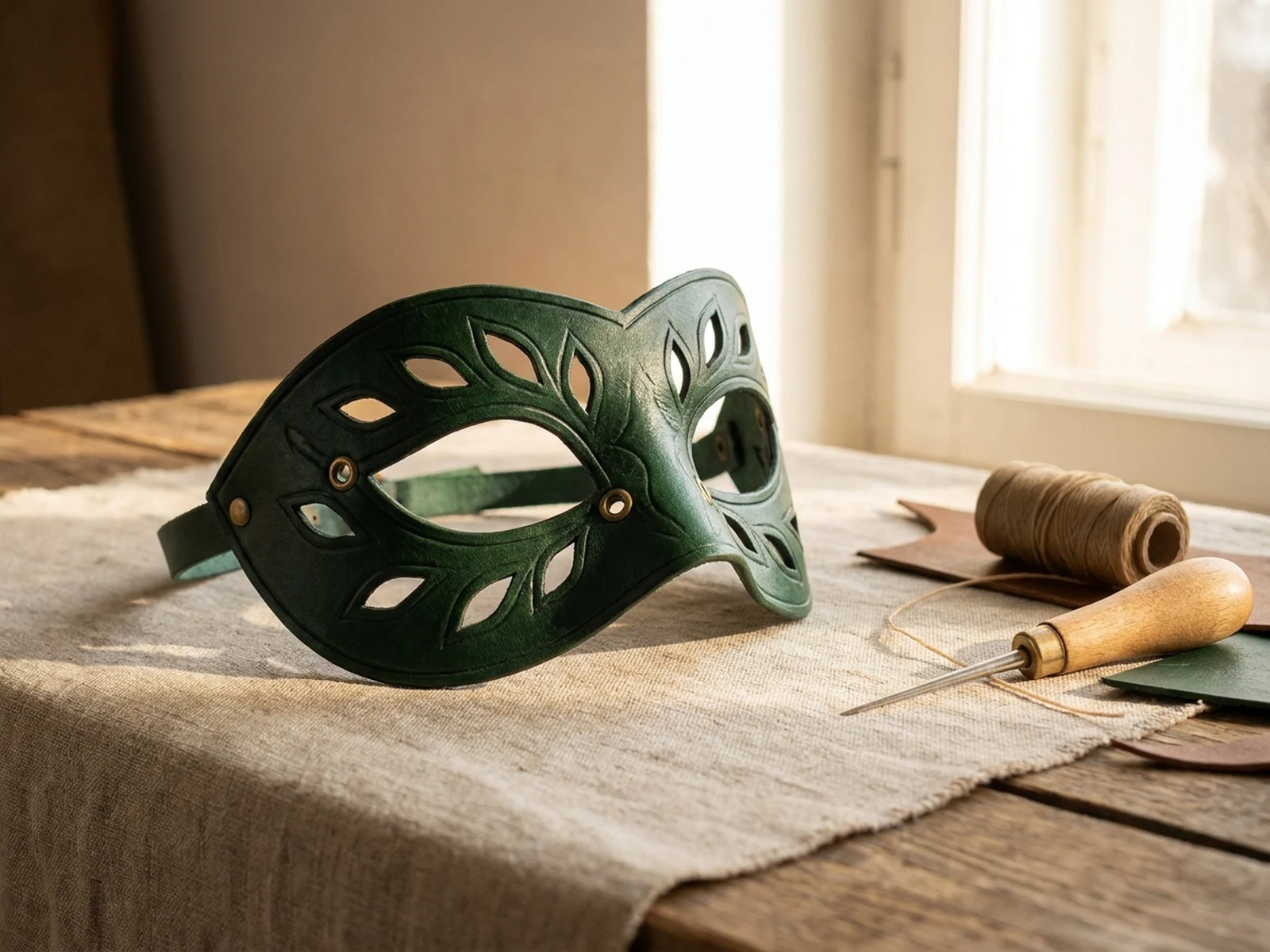 Original green leather mask with botanical cutouts on an artisan workbench