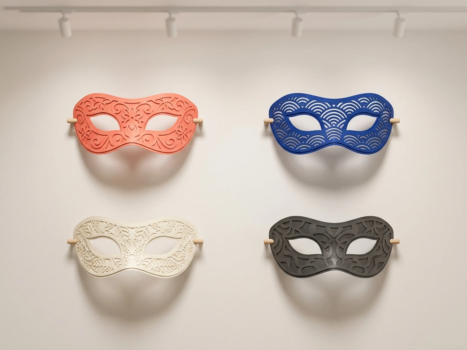 Four original colorful festival masks presented as a gallery collection
