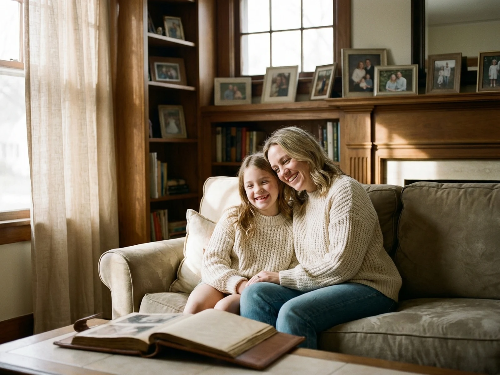 Warm mother and daughter portrait concept in a sunlit living room with soft family photography lighting
