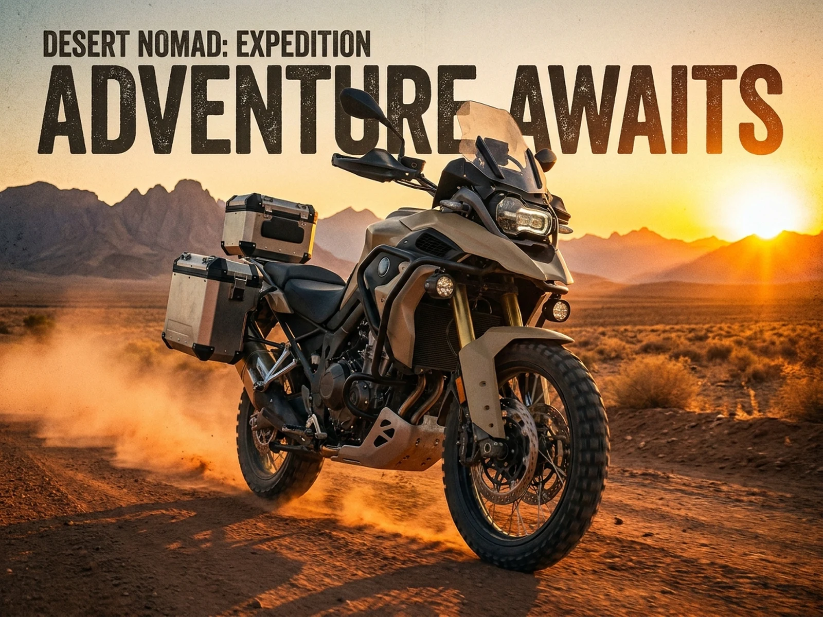 AI motorcycle generator example showing adventure motorcycle poster on desert road