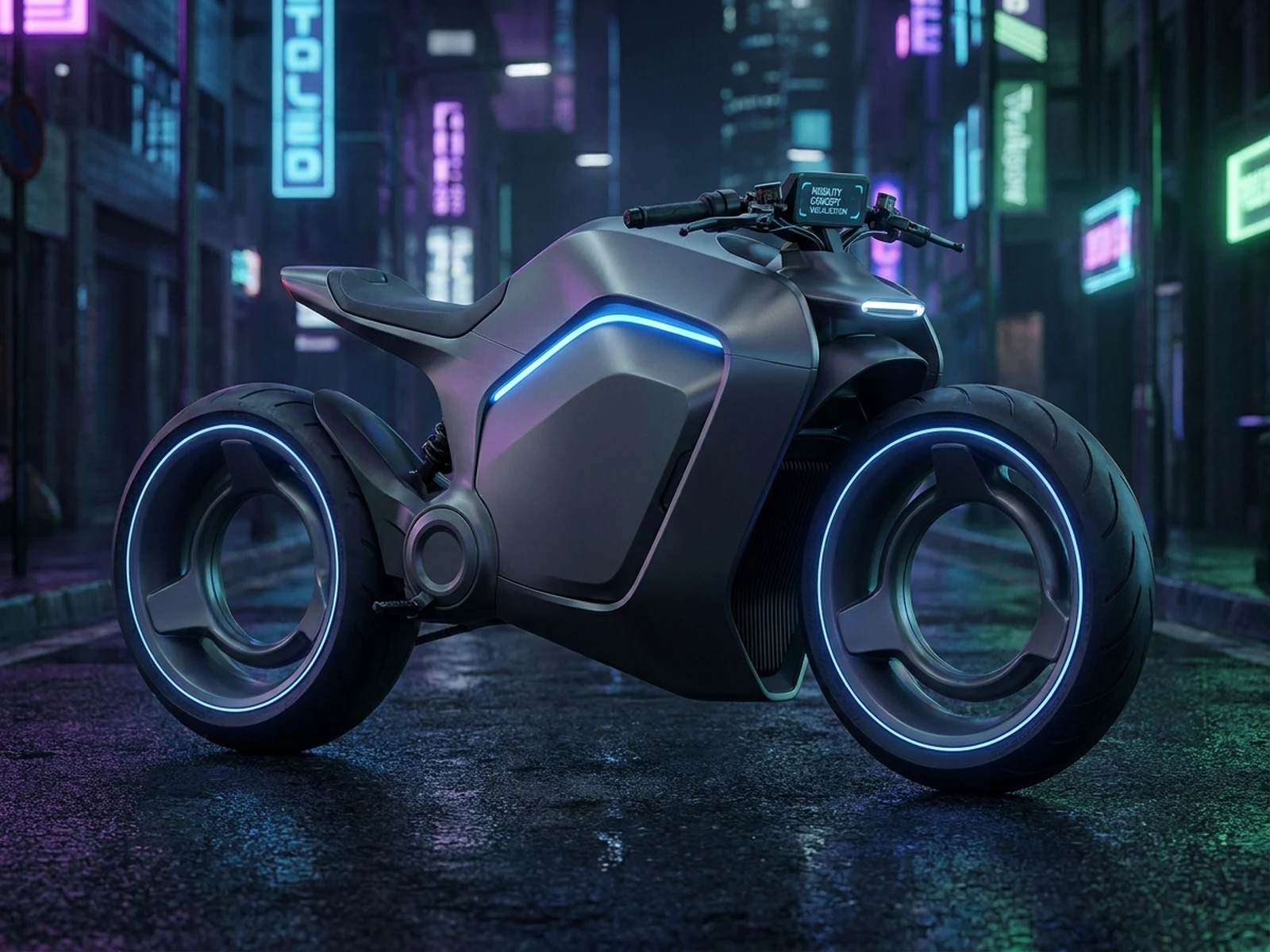 AI motorcycle generator example showing futuristic electric motorcycle in city street lighting