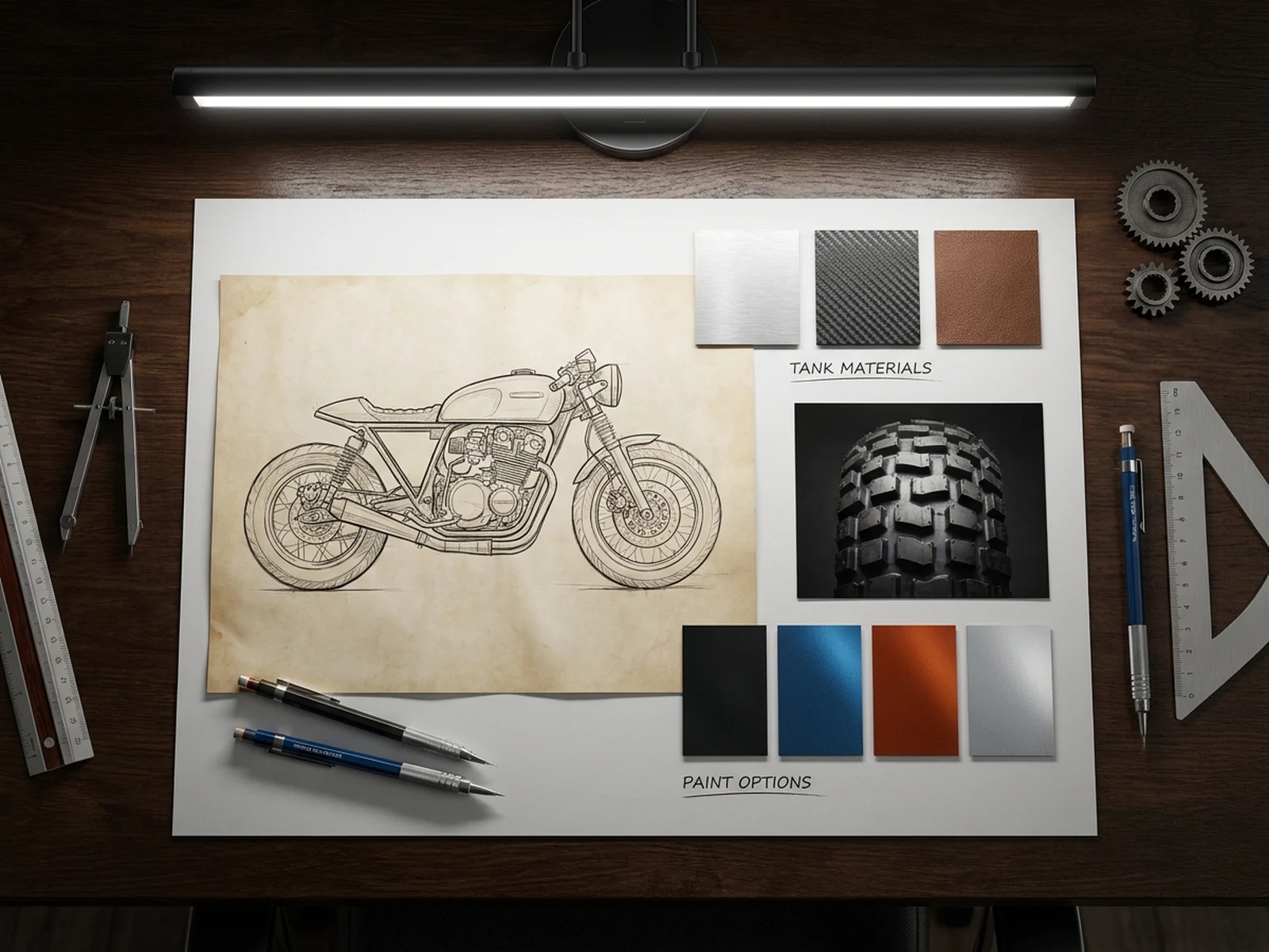 AI motorcycle generator example showing motorcycle design board with sketch and material swatches