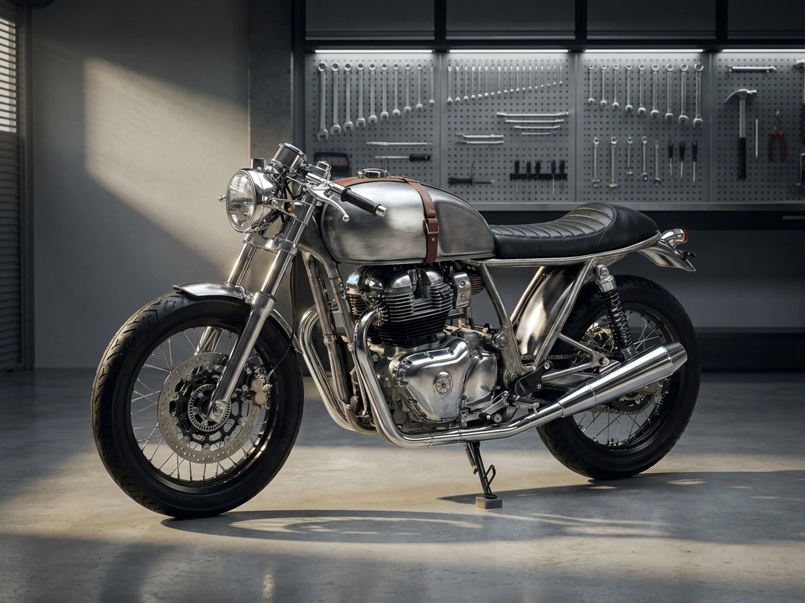 Custom cafe racer motorcycle concept in a studio garage with brushed metal details and dramatic side lighting