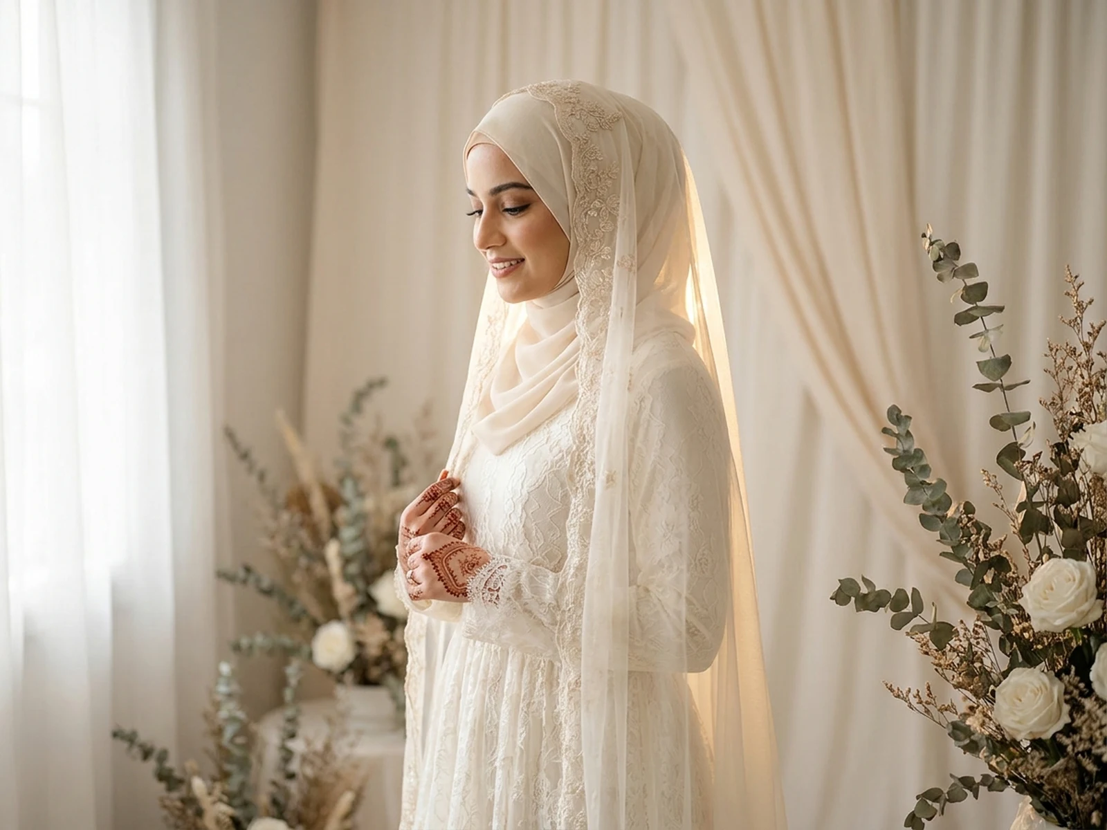 AI Muslim wedding generator example showing a modest bridal portrait with embroidered hijab and soft studio light