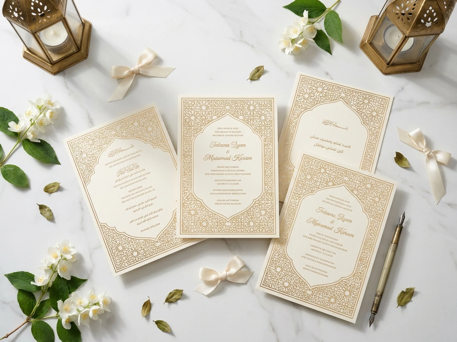 AI Muslim wedding generator example showing ivory invitation cards with gold patterns and floral styling