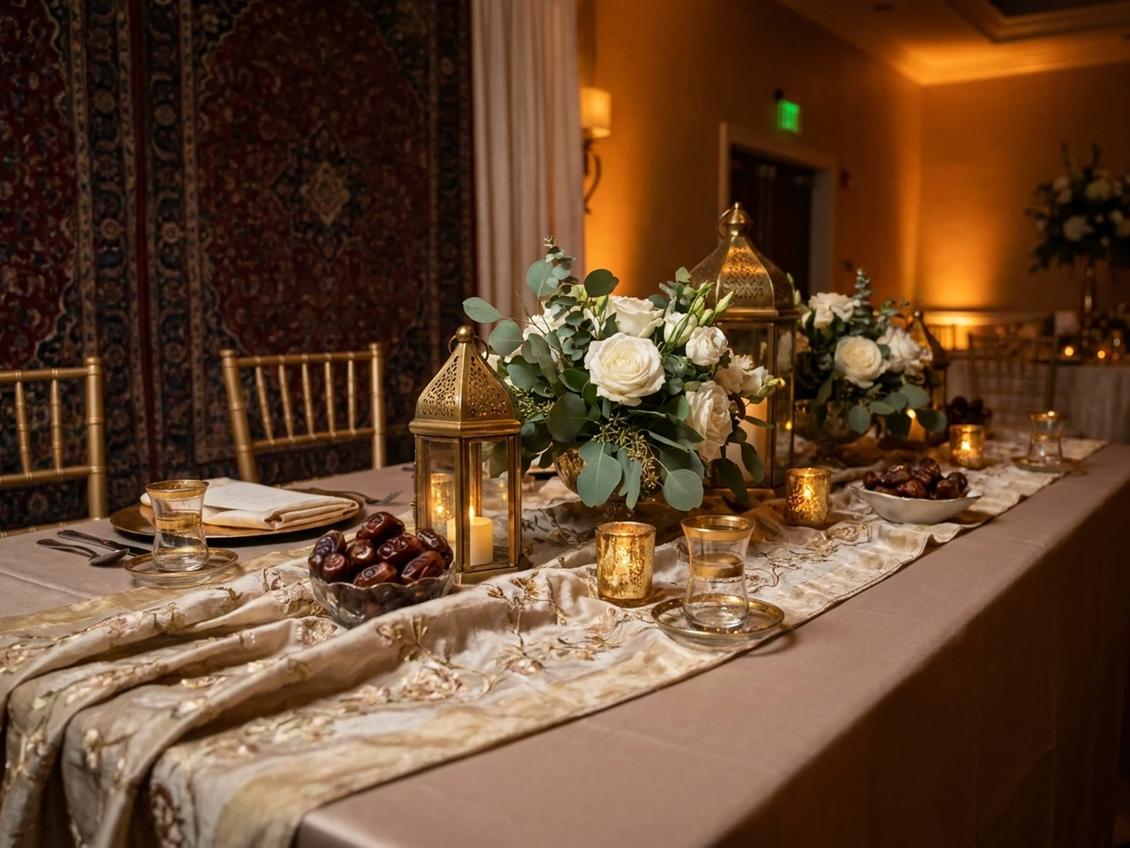 AI Muslim wedding generator example showing a warm reception table with tea glasses and floral centerpieces