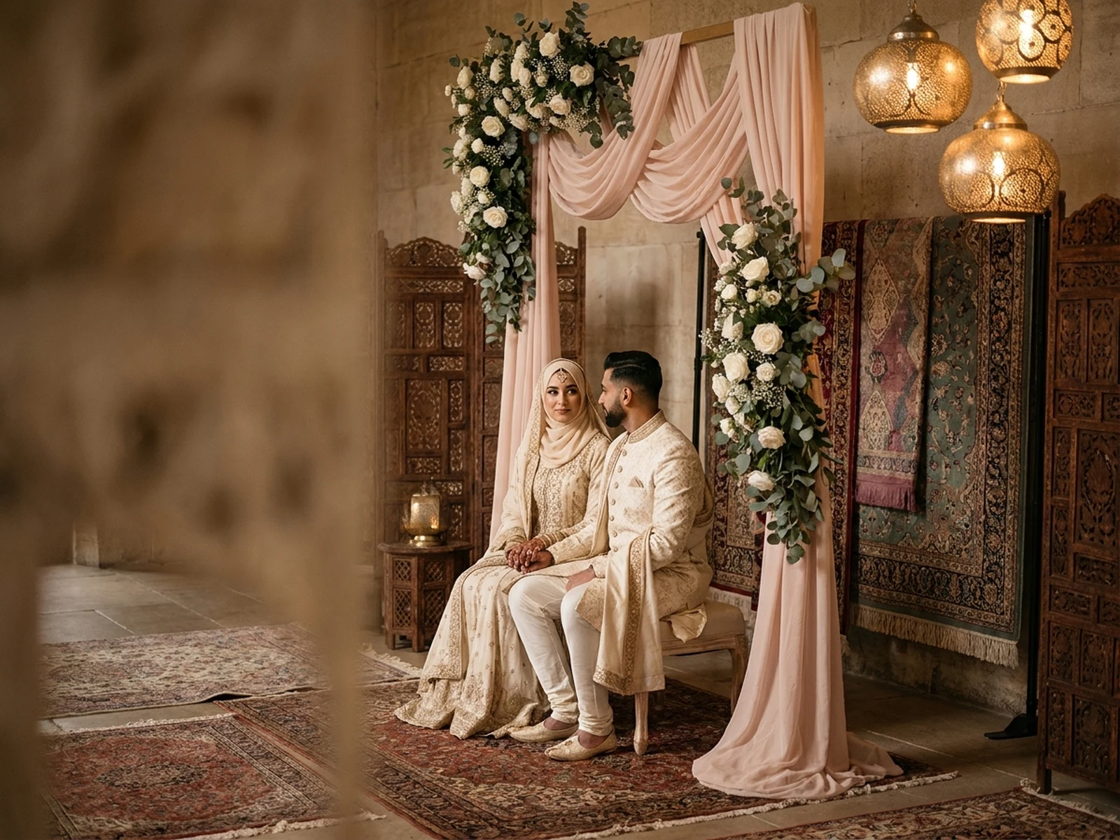 Respectful Muslim wedding portrait scene with modest attire, floral arch, patterned textiles, and warm lantern light