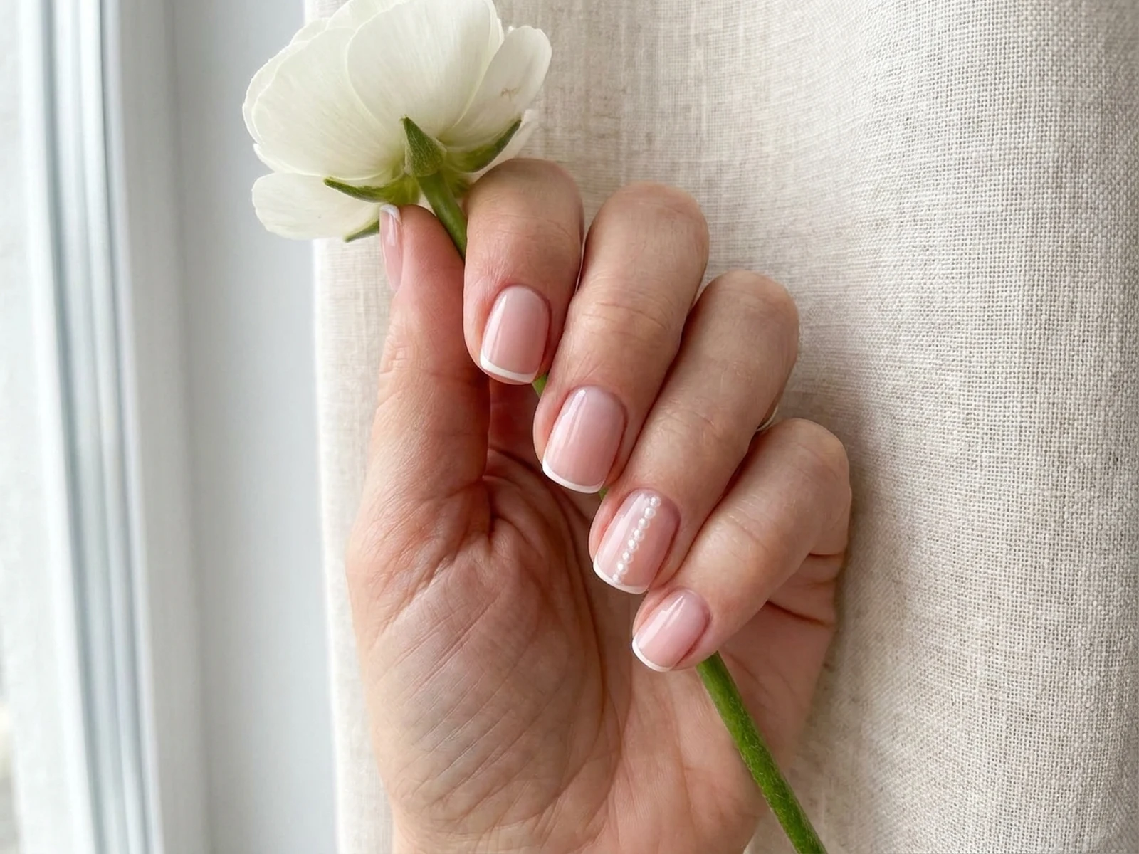 Sheer blush bridal manicure with micro French tips and pearl accent