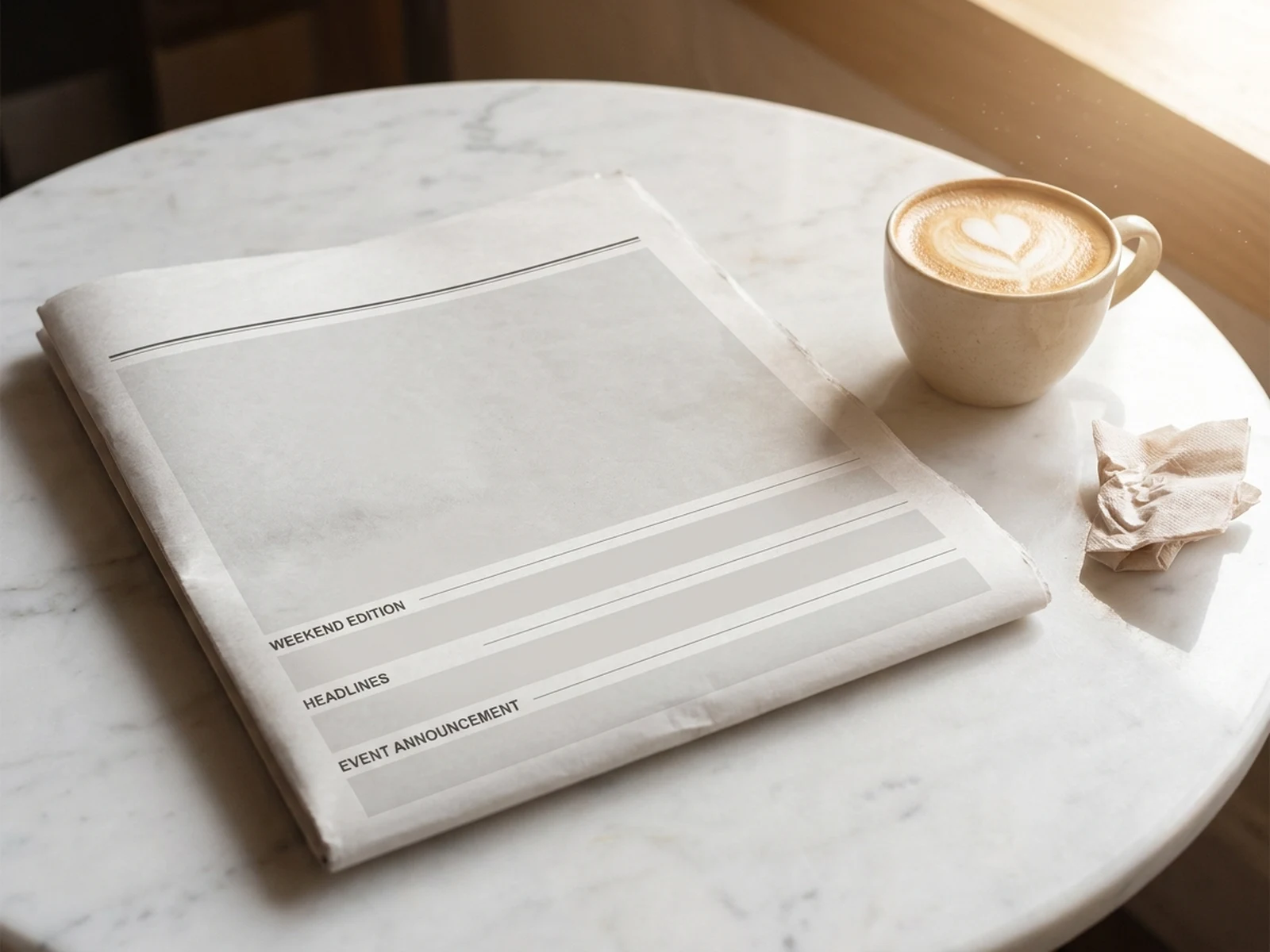 AI newspaper generator example showing folded front page announcement mockup on cafe table