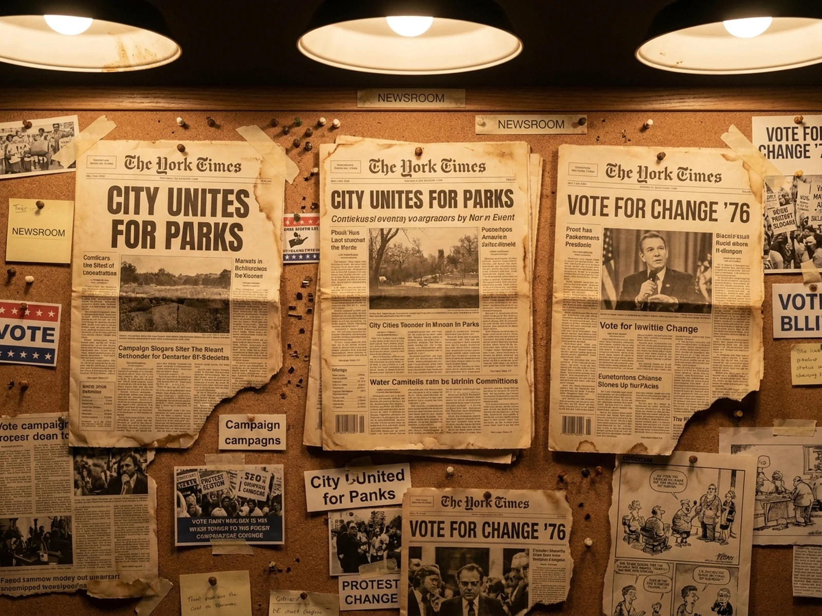 AI newspaper generator example showing newsroom collage board with pinned front pages
