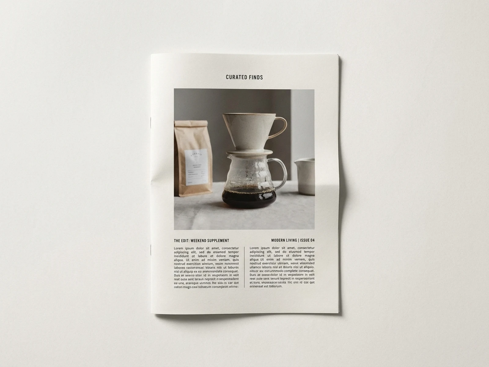 AI newspaper generator example showing modern newspaper supplement cover with product photo window