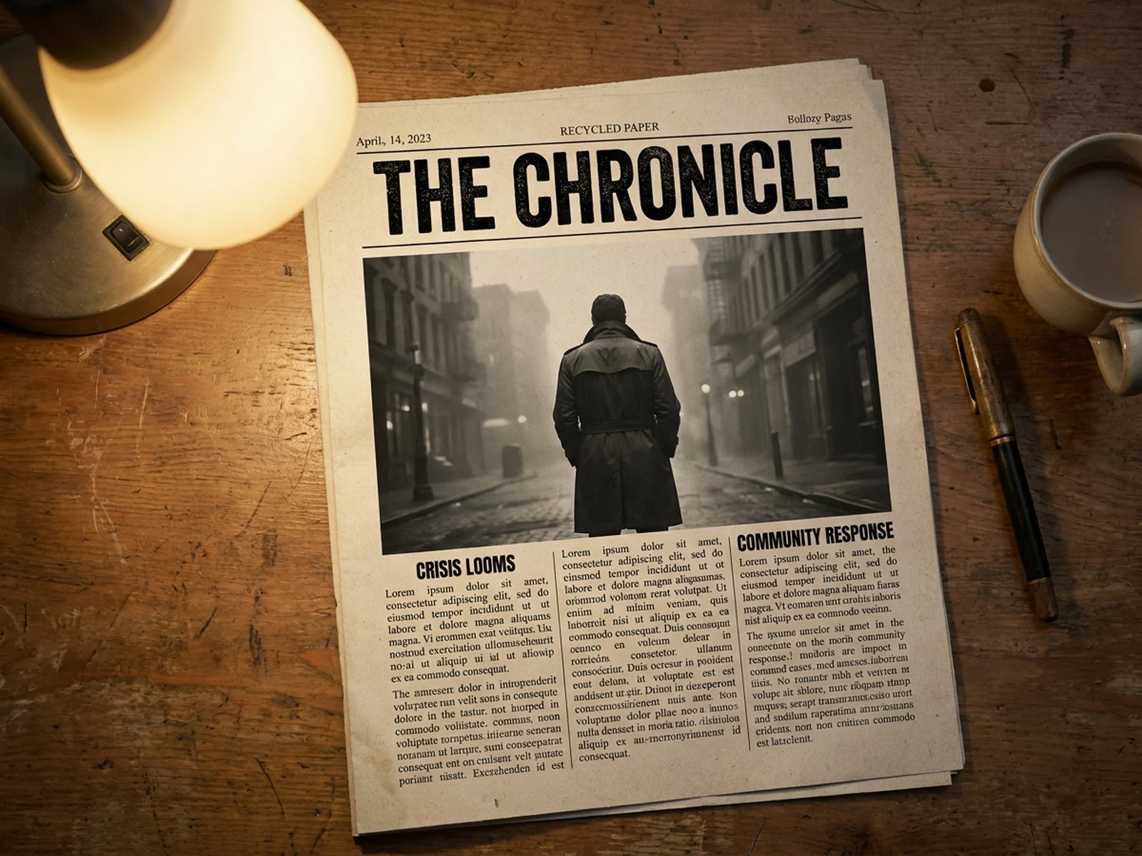 Editorial newspaper front page mockup with strong photo lead, clean columns, and vintage press styling