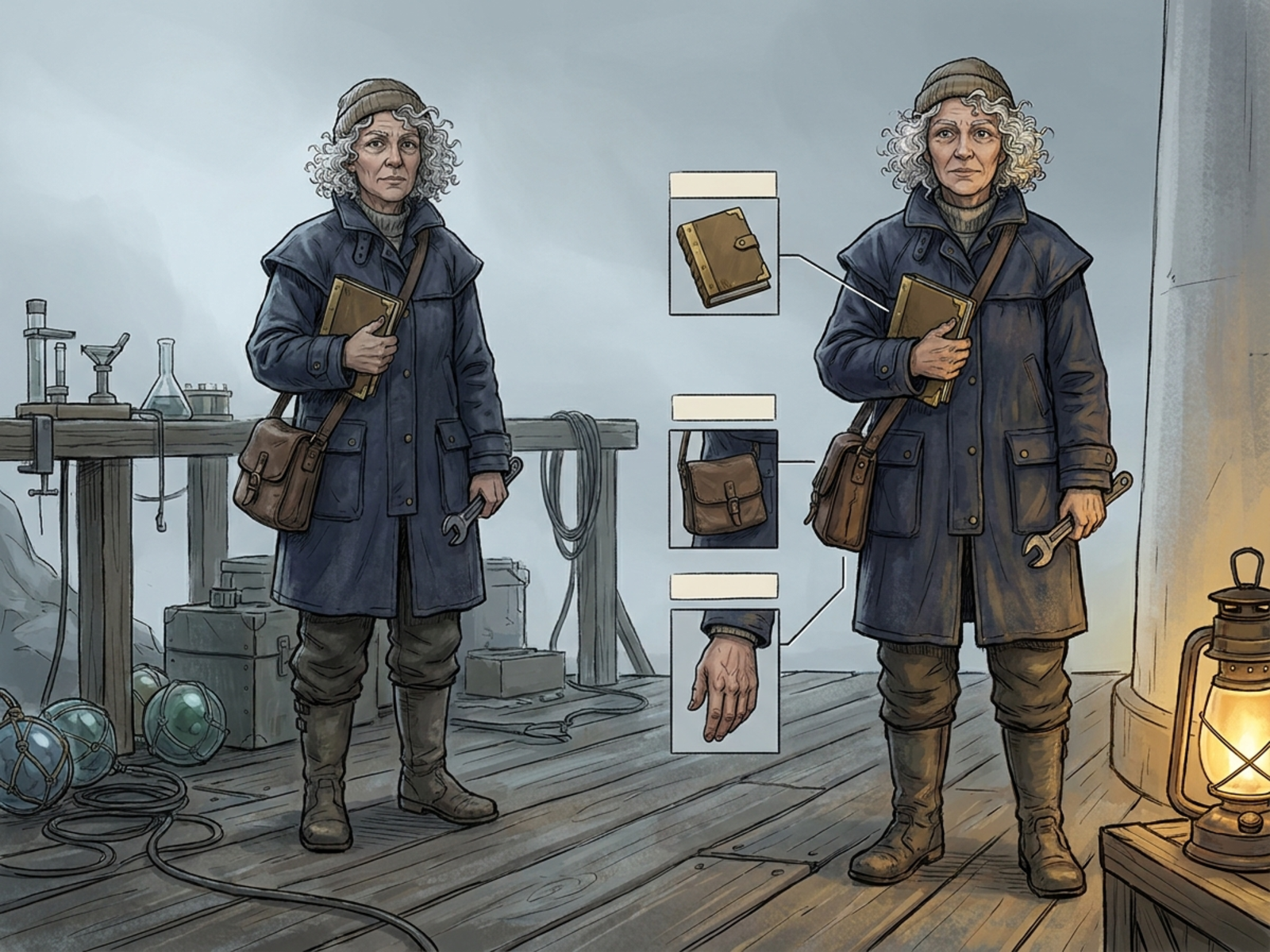 Original older woman lighthouse engineer character reference emphasizing competence and individuality