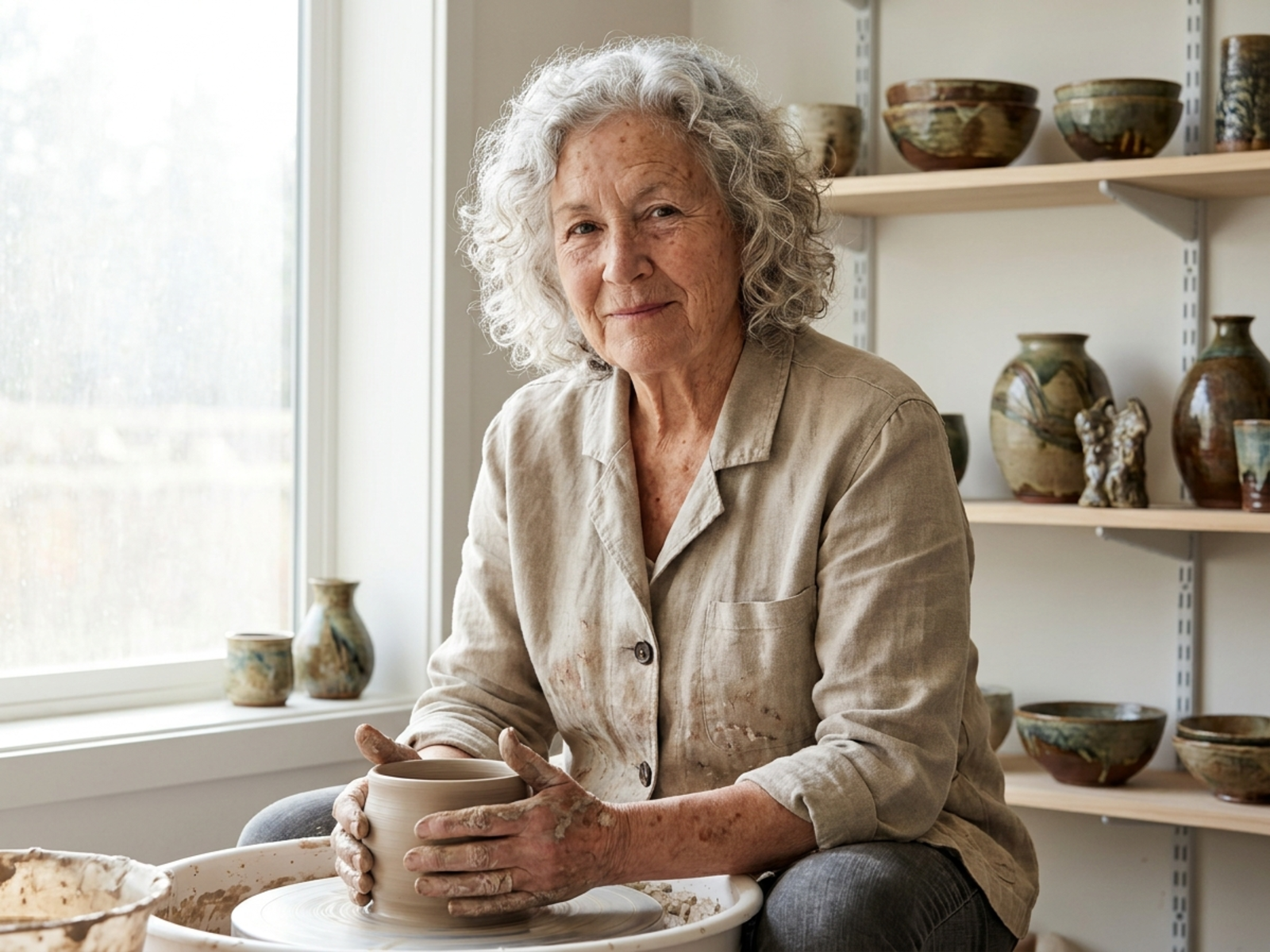 Respectful edited portrait of an older woman artist in a naturally lit studio