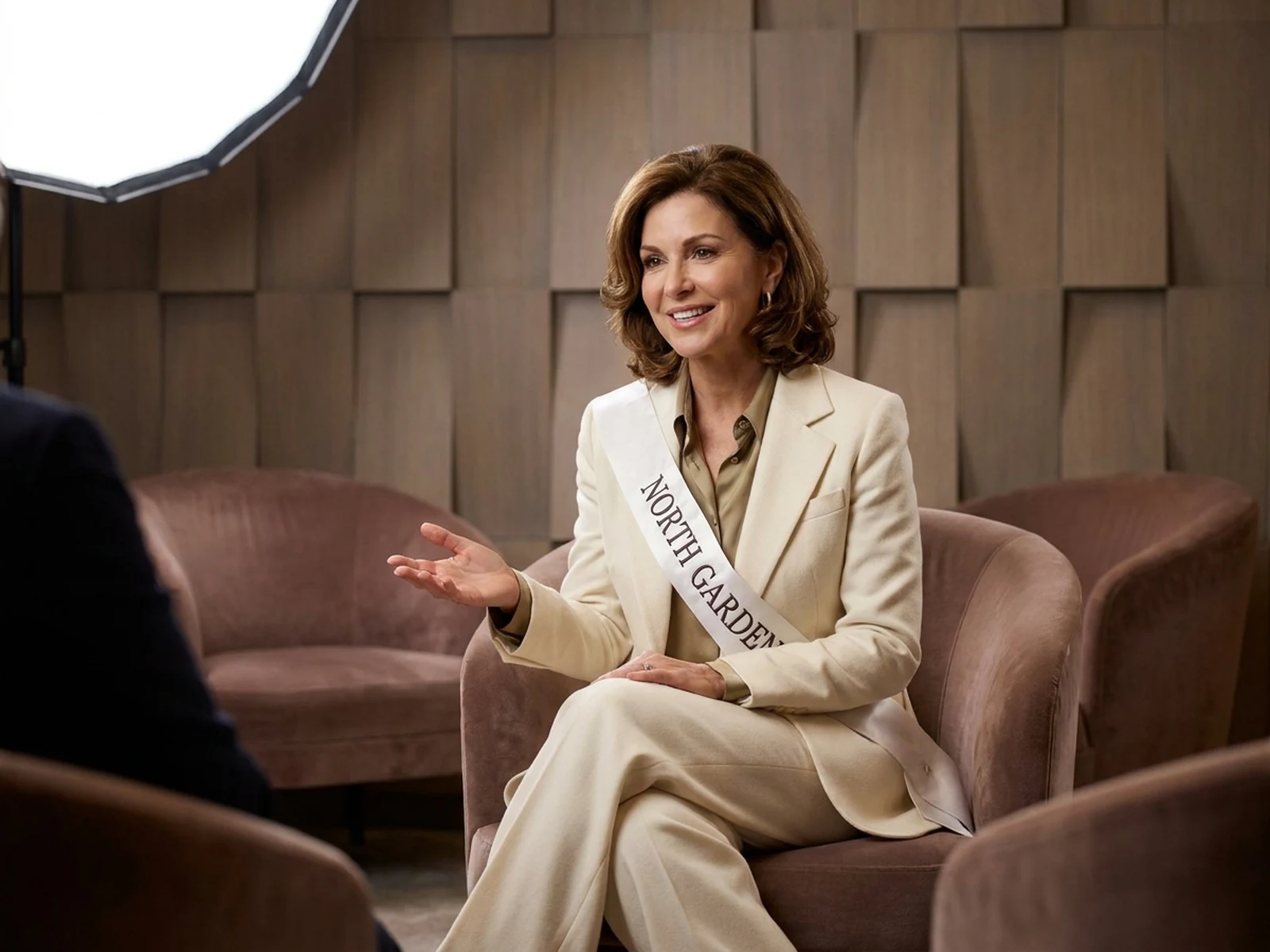 Fictional adult participant in an original suit during an interview concept