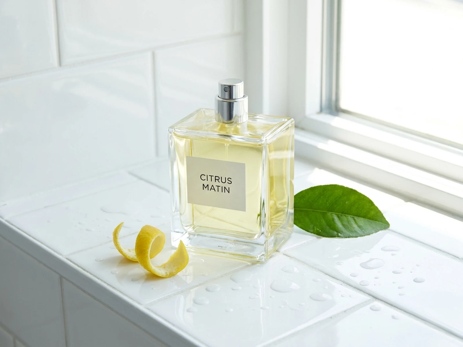 AI perfume generator example showing fresh citrus perfume bottle on wet white tile