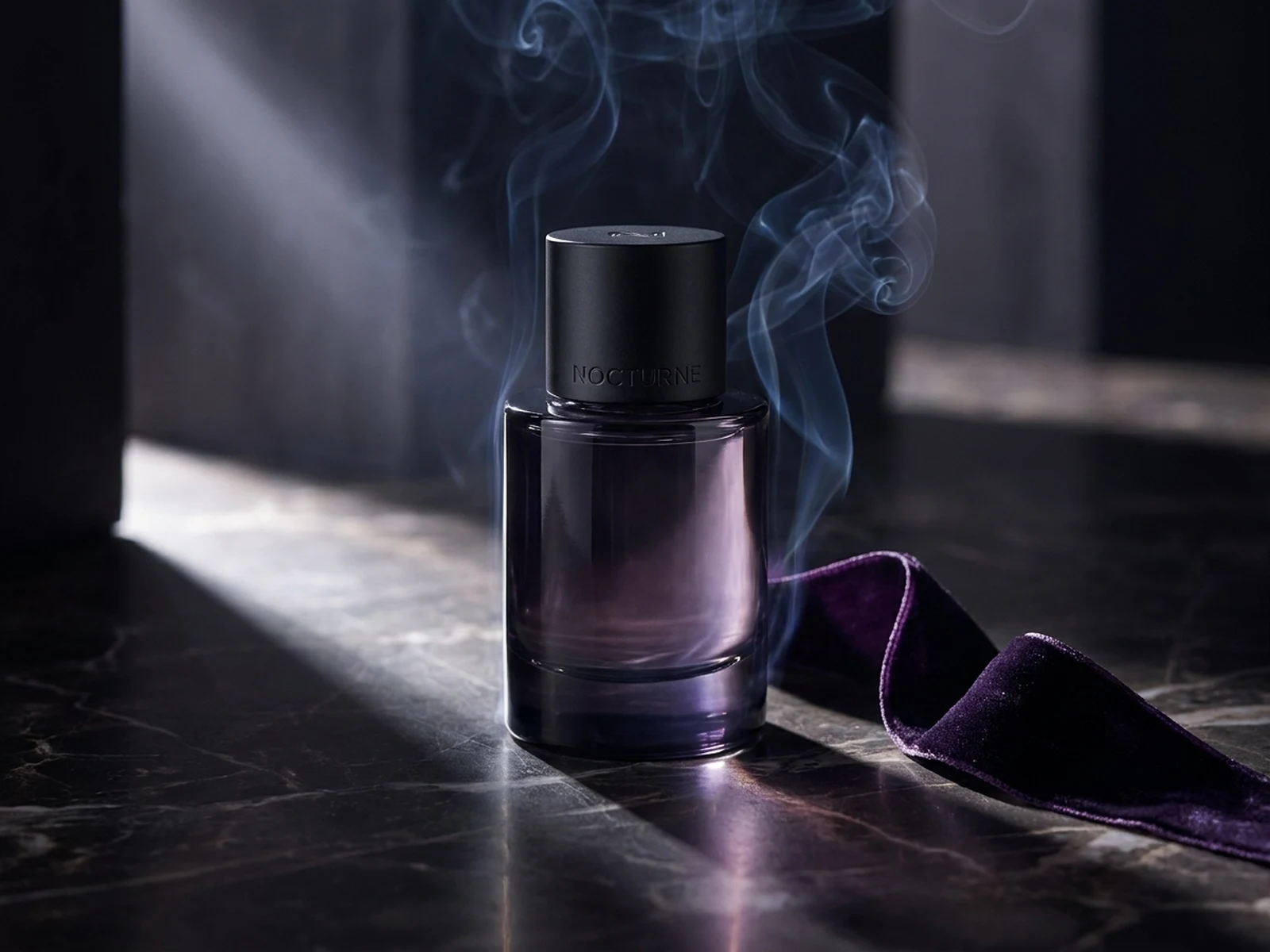 AI perfume generator example showing moody evening fragrance ad with violet glass bottle