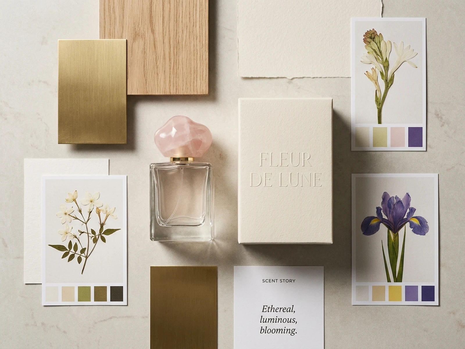 AI perfume generator example showing perfume packaging mood board with bottle, box, and swatches