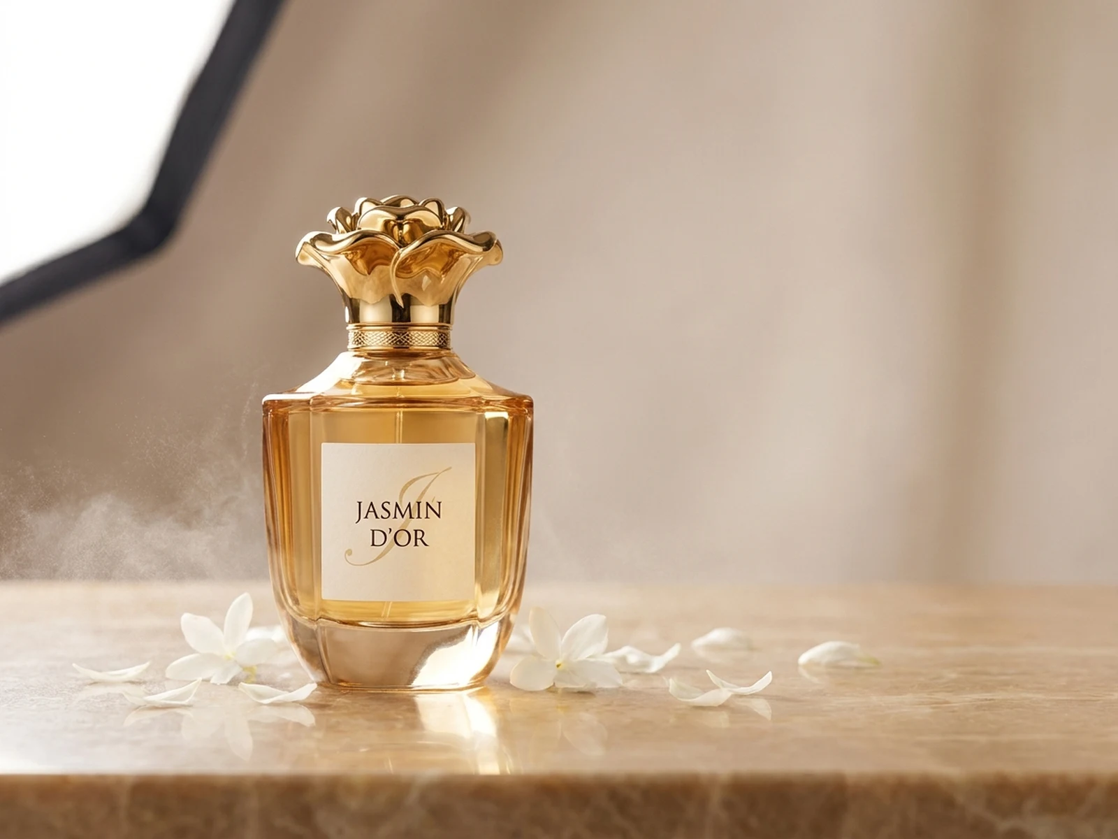 Luxury perfume bottle on reflective stone with floral notes, mist, and premium fragrance campaign lighting
