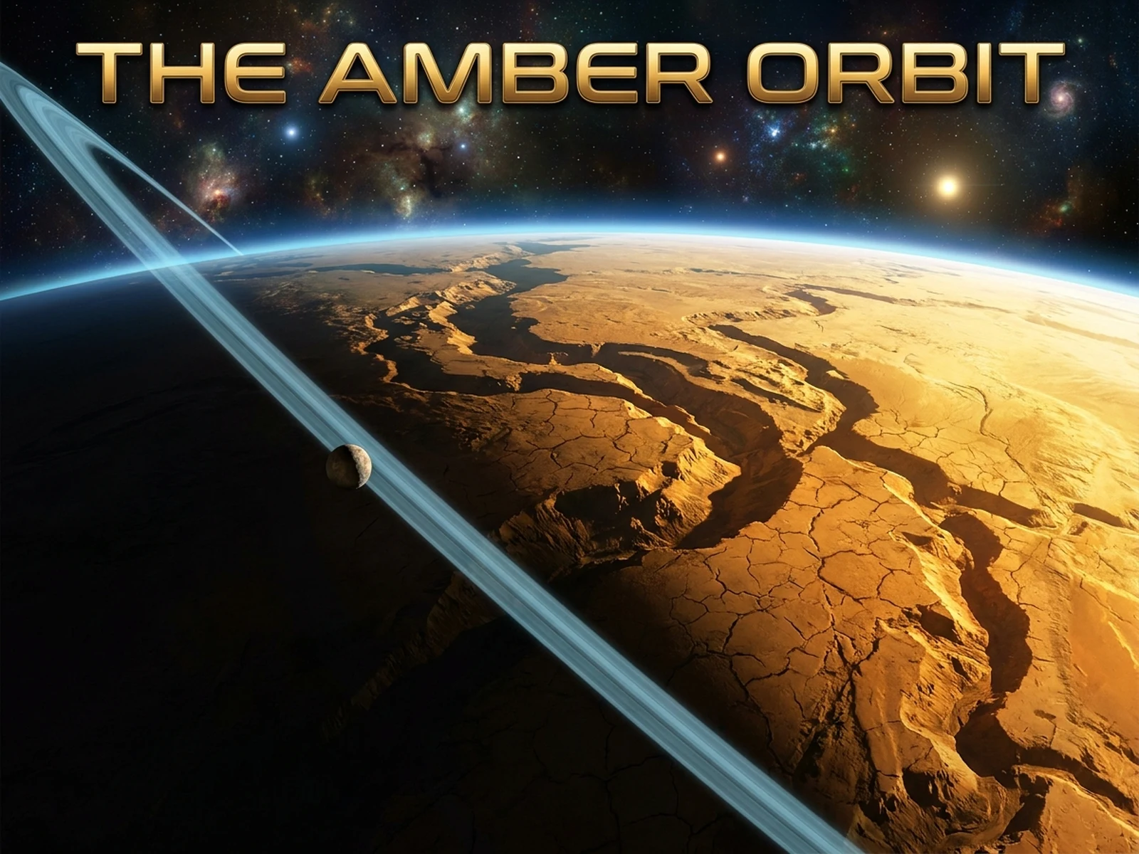 Fictional amber desert planet with a blue ring in a novel-cover composition