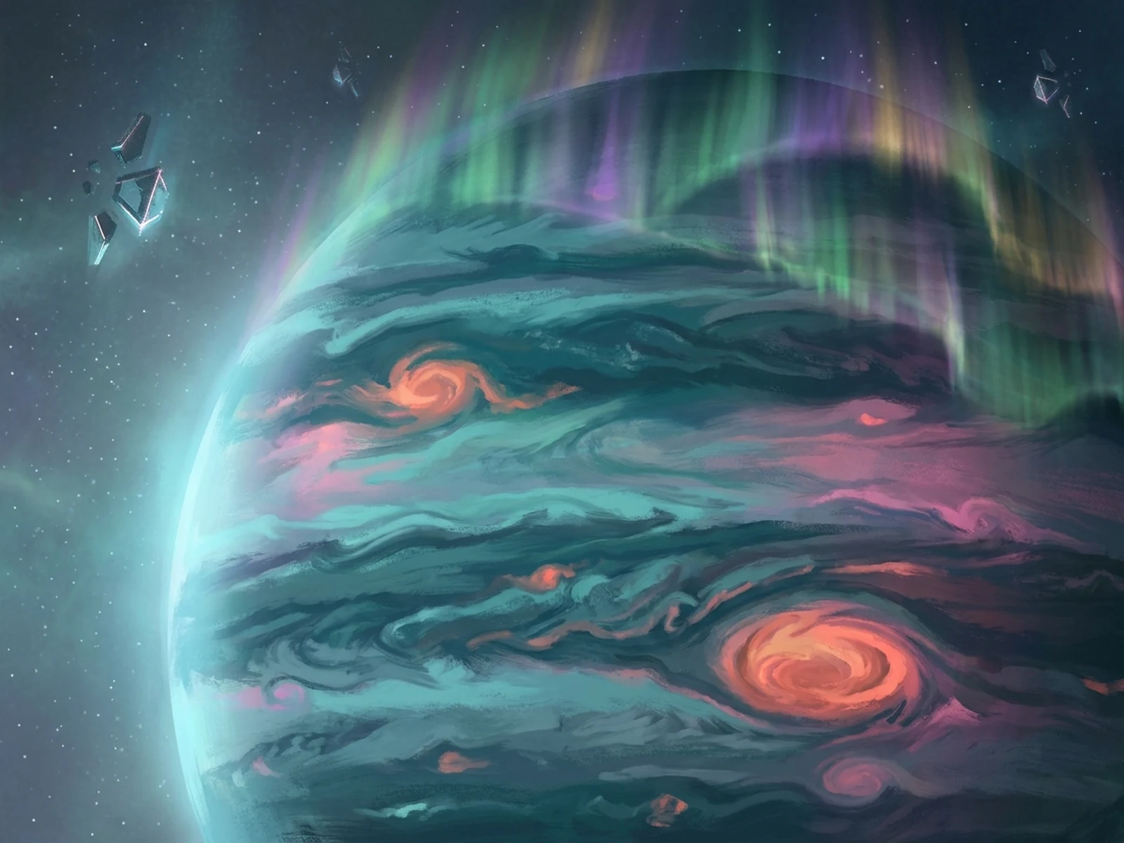 Invented gas giant with teal clouds and coral luminous storms