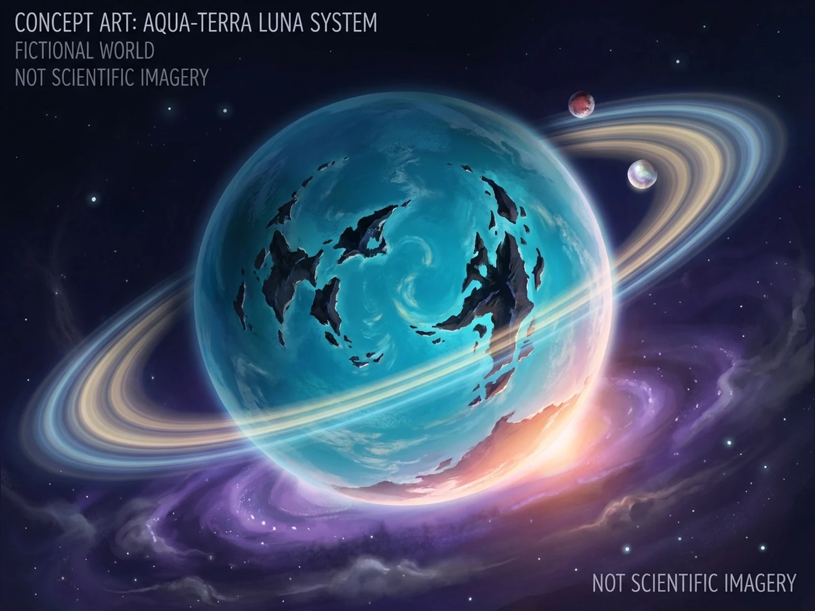 作为想象概念图创作的带发光环带虚构海洋星球