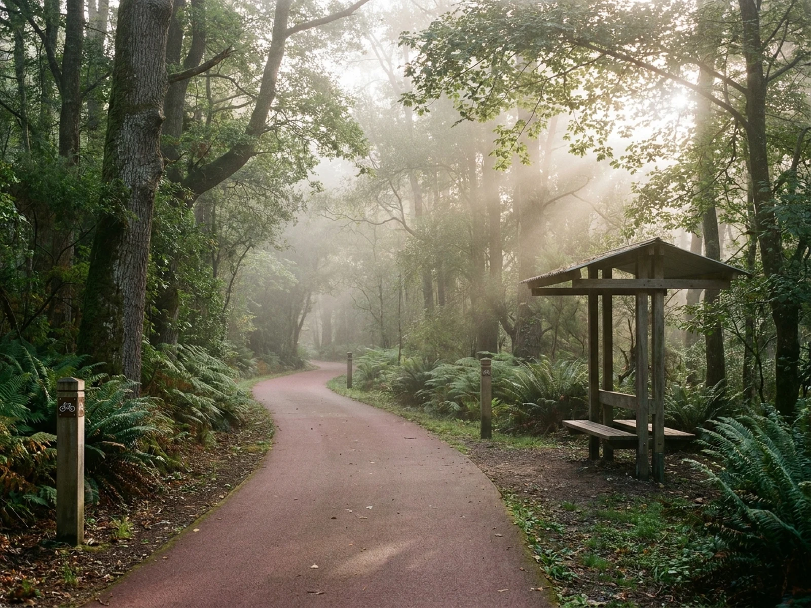 Conceptual cycling route winding through a misty forest