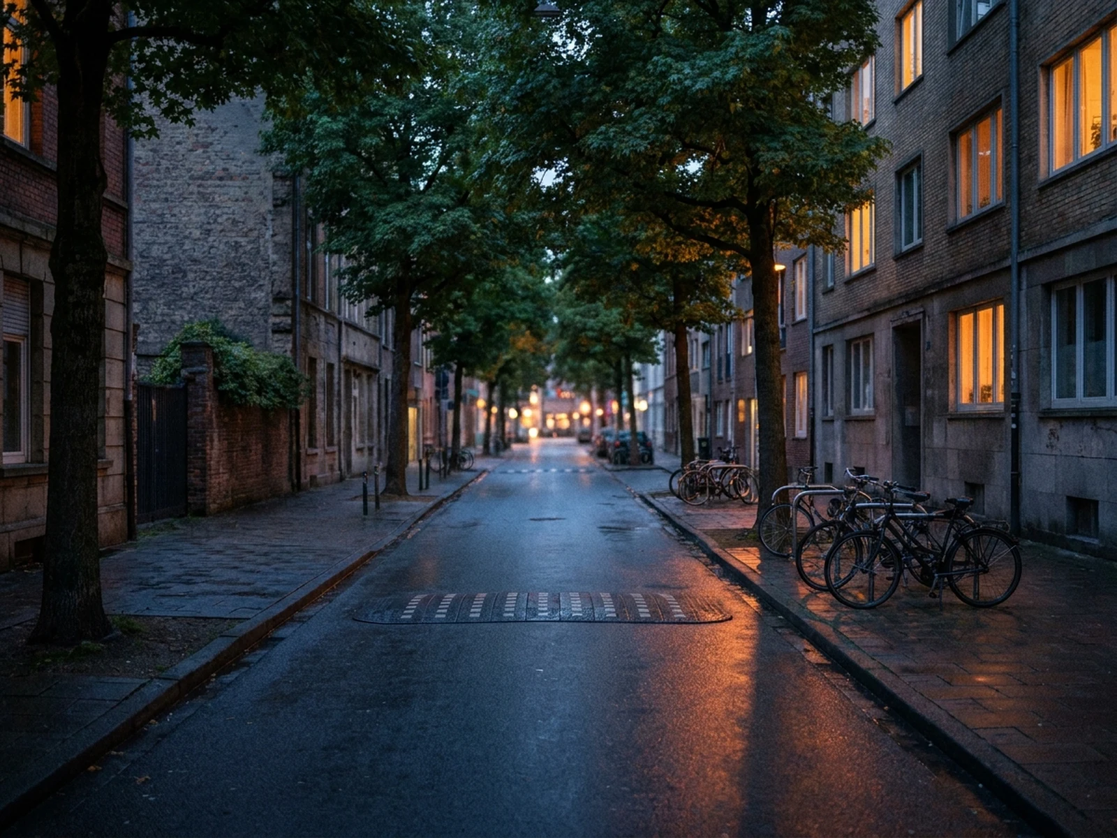 Rainy fictional neighborhood street concept at blue hour