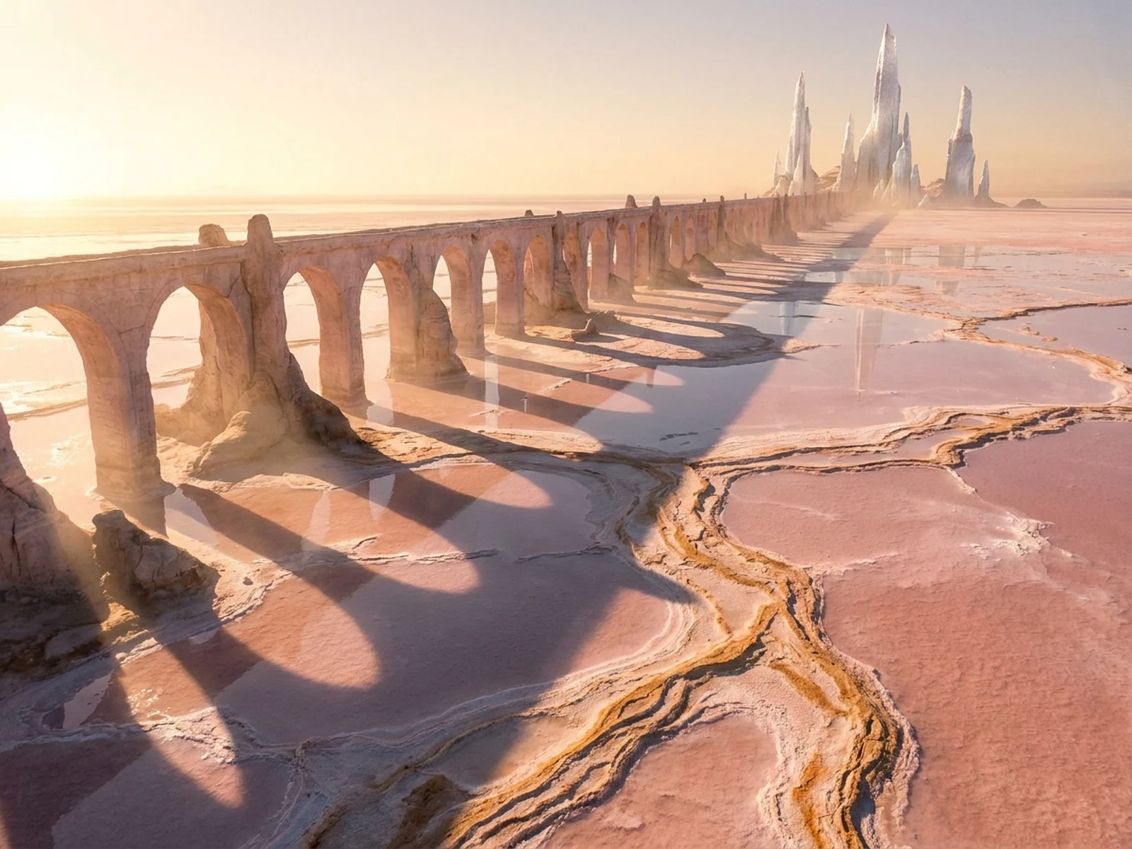 Fantasy causeway crossing a rose-colored salt flat