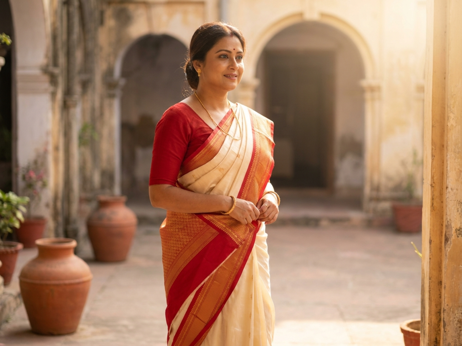 Festive off-white and red saree portrait with a Bengali-style drape