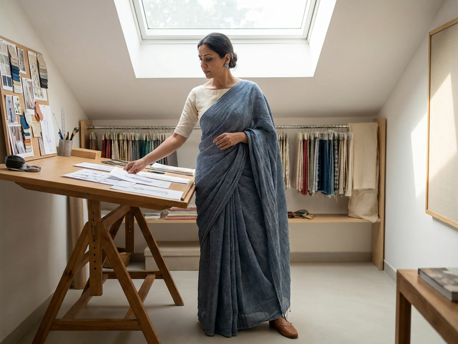 Relaxed slate-blue linen saree styled as contemporary creative workwear