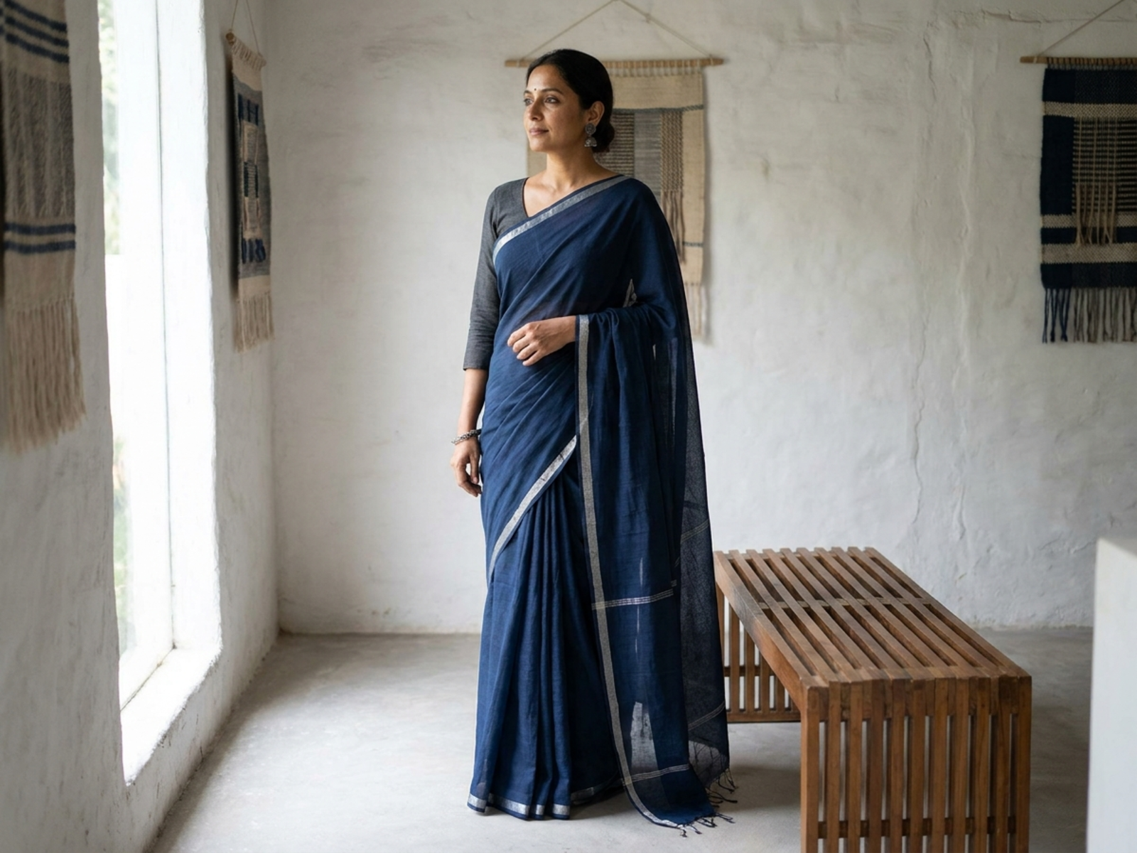 Contemporary saree editorial showing detailed drape and woven textile texture