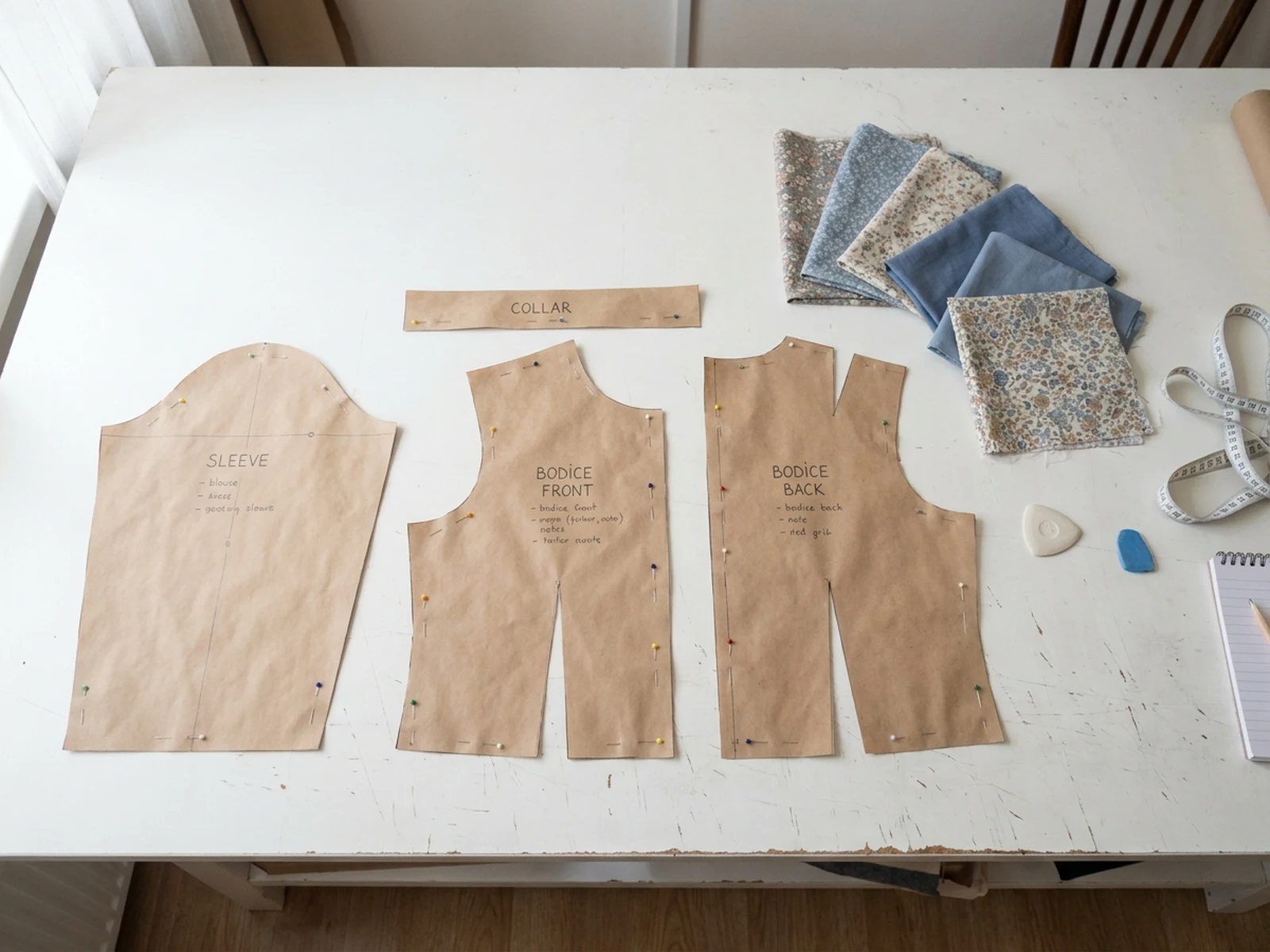 AI sewing pattern generator example showing blouse pattern pieces, fabric swatches, and tailoring tools