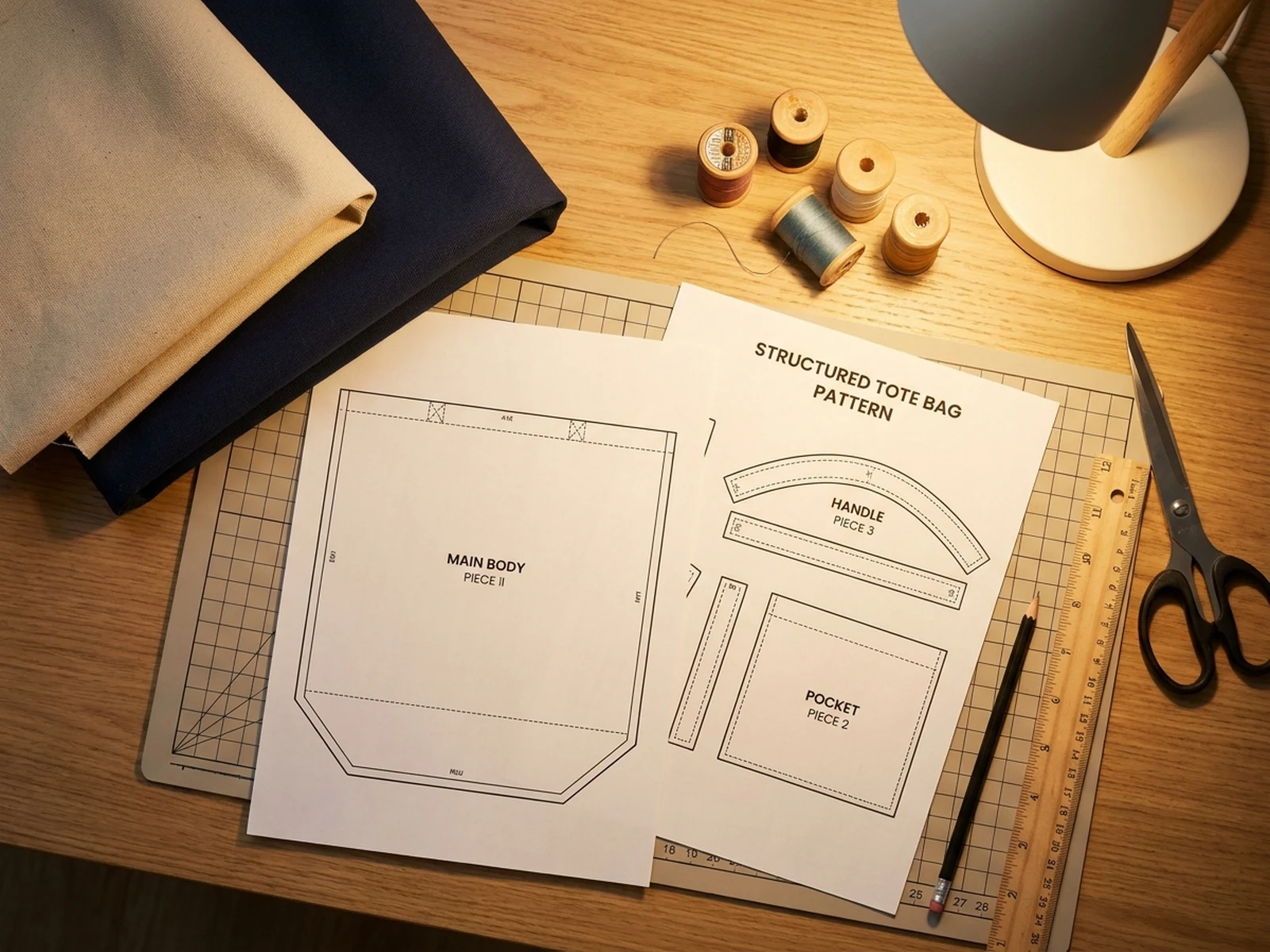AI sewing pattern generator example showing tote bag pattern layout with canvas swatches and thread
