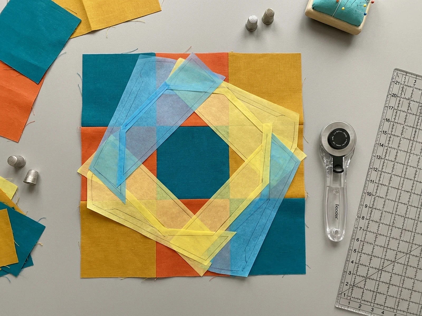AI sewing pattern generator example showing quilting block templates and fabric color squares