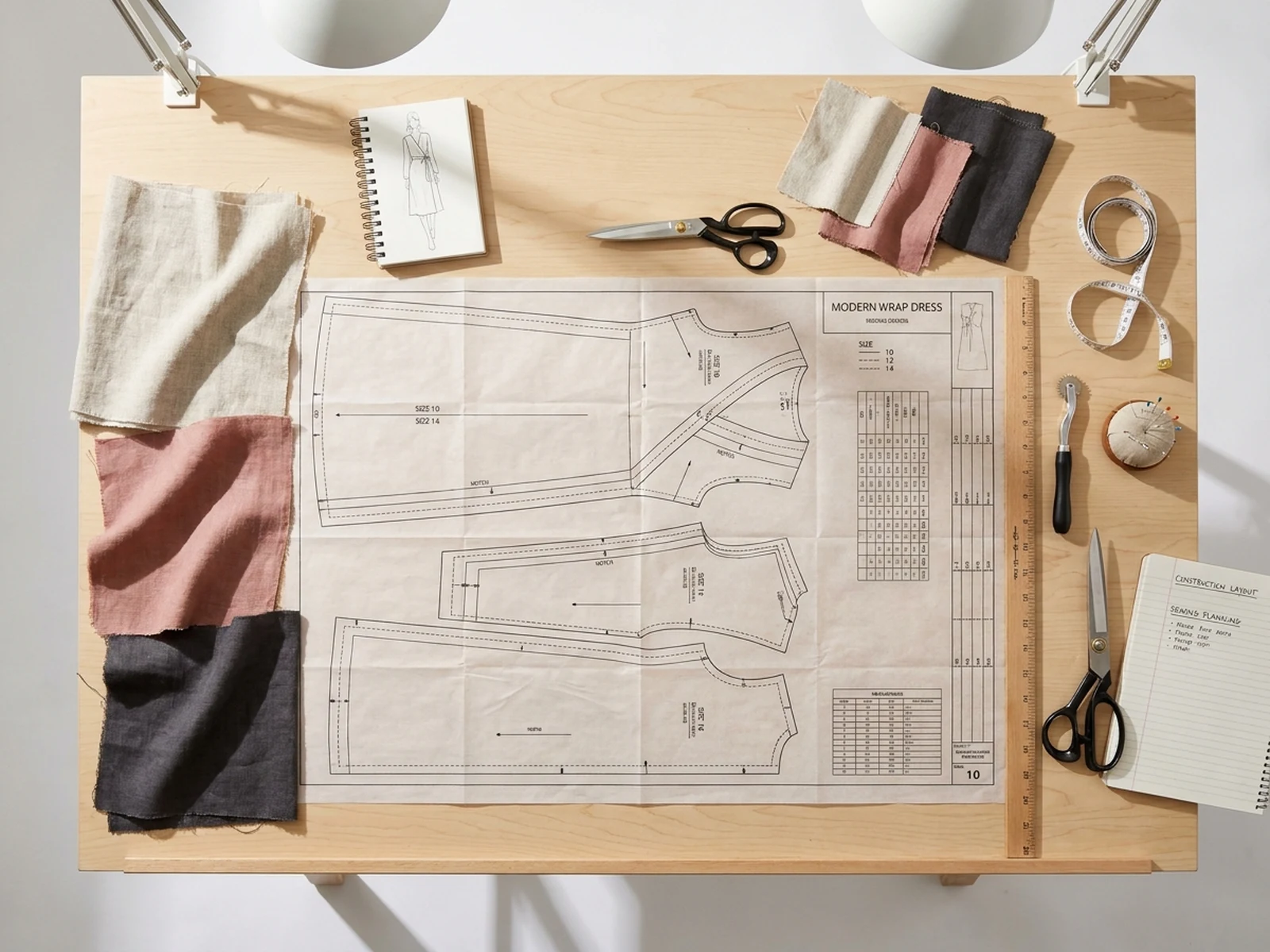Clean sewing pattern sheet for a wrap dress with measurement marks, fabric swatches, and studio desk lighting