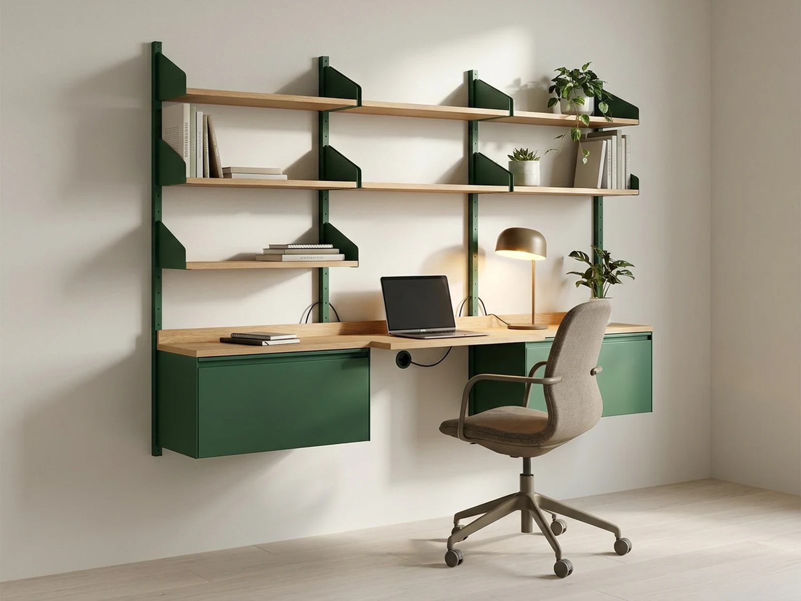 Compact green steel and oak home office shelving concept