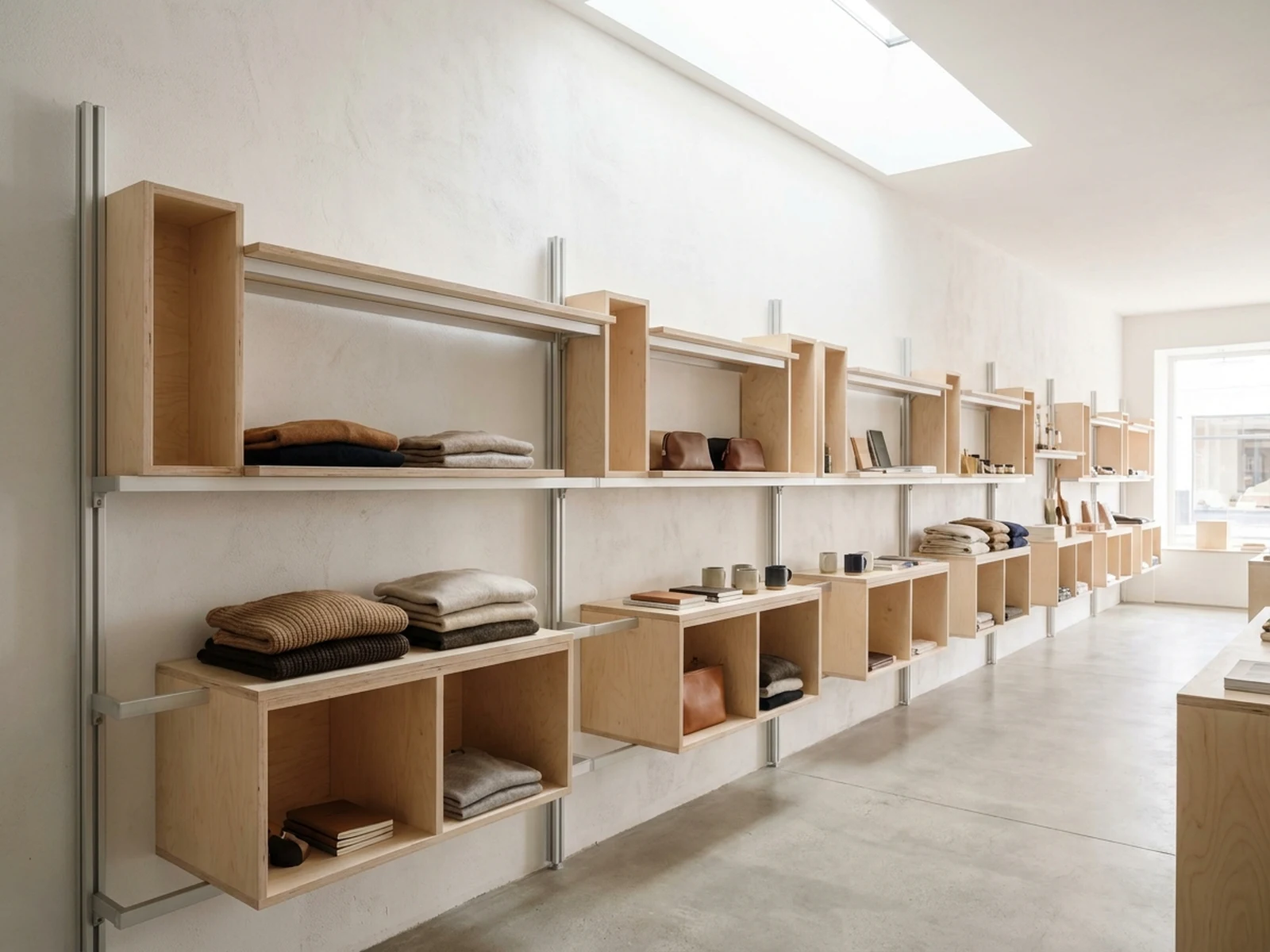 Modular birch and aluminum shelving for an unbranded boutique display