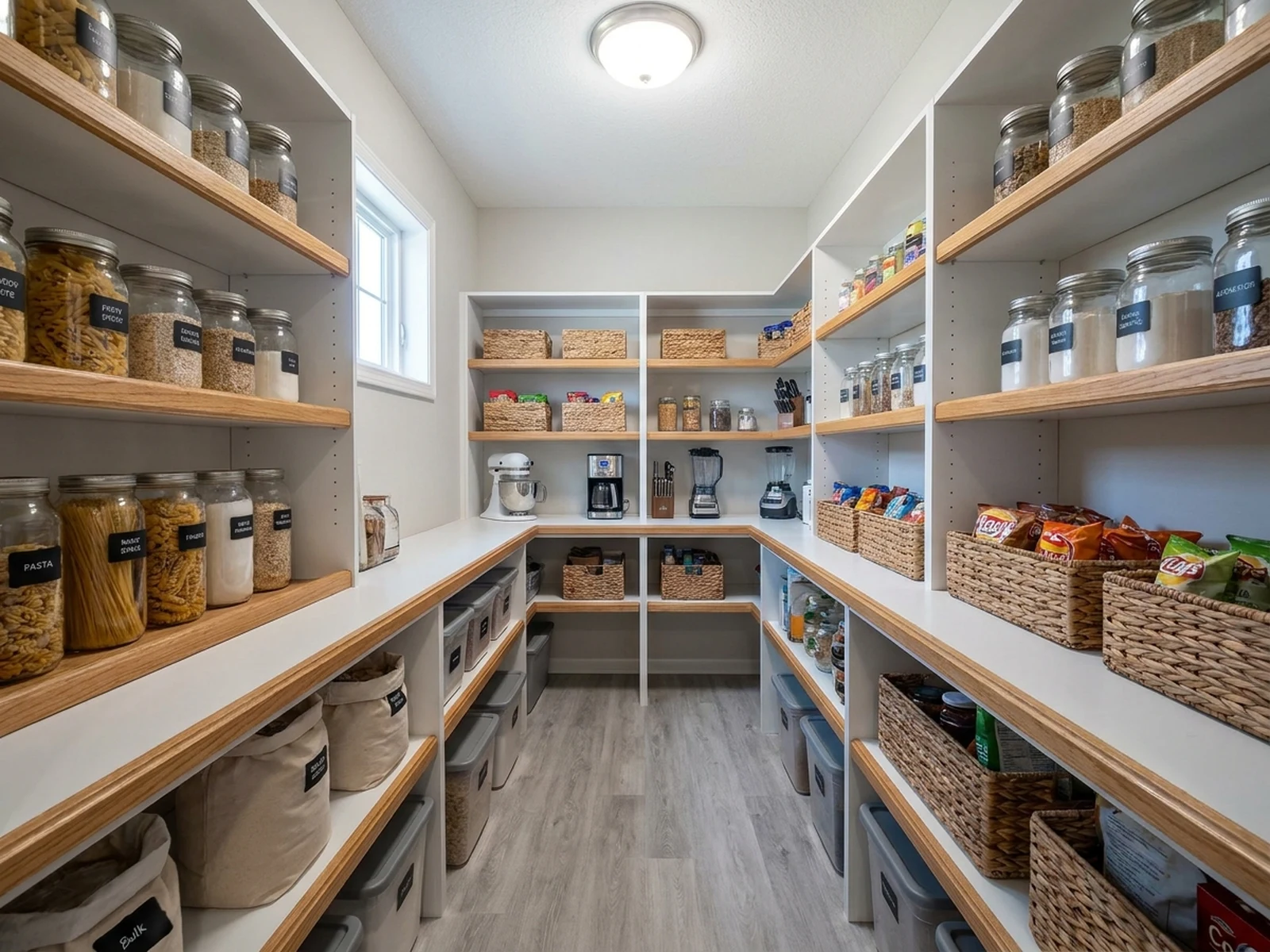 Organized walk-in pantry with adjustable shelves and clear storage zones