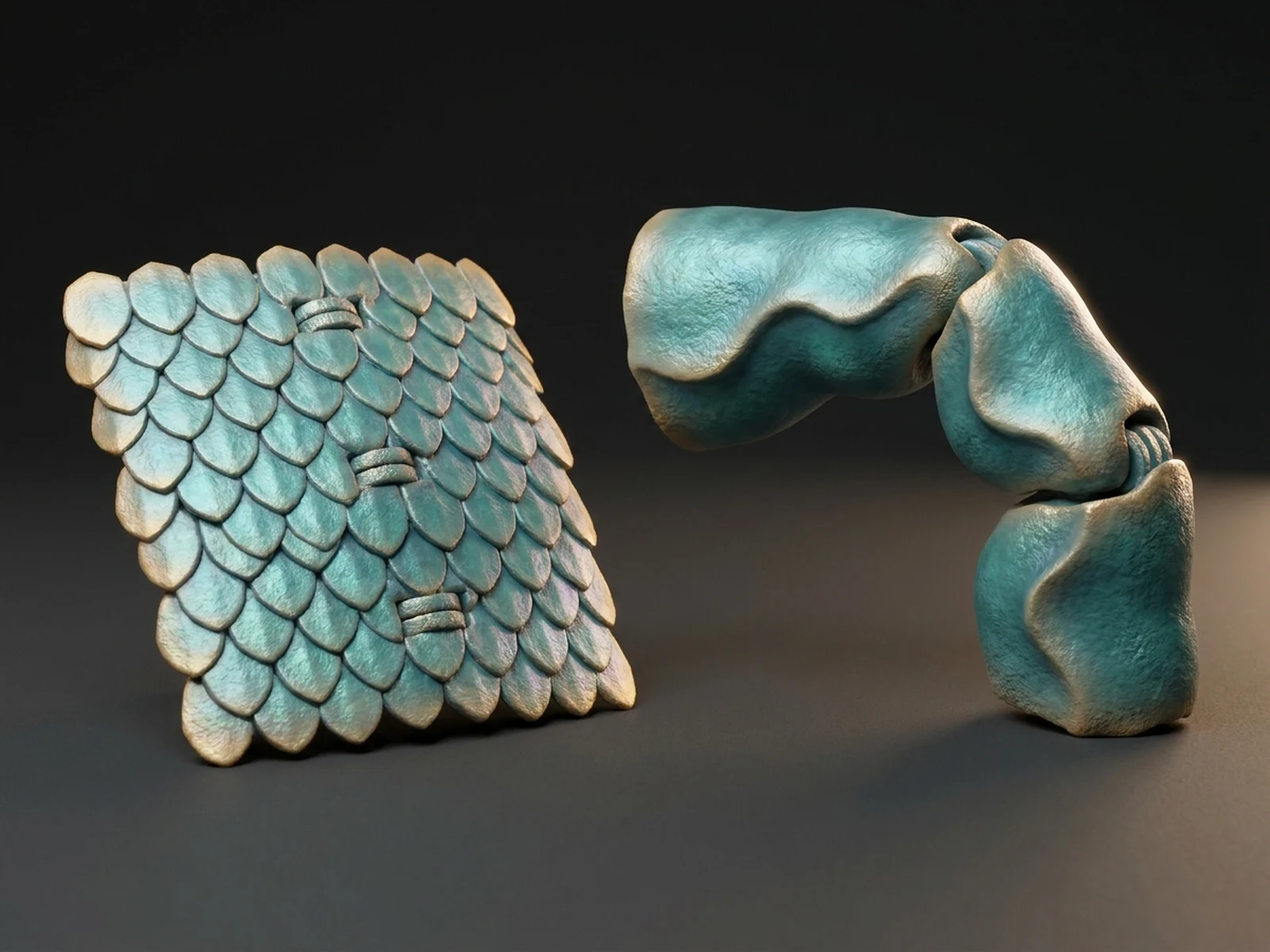 Original teal and gold fantasy creature scale material study