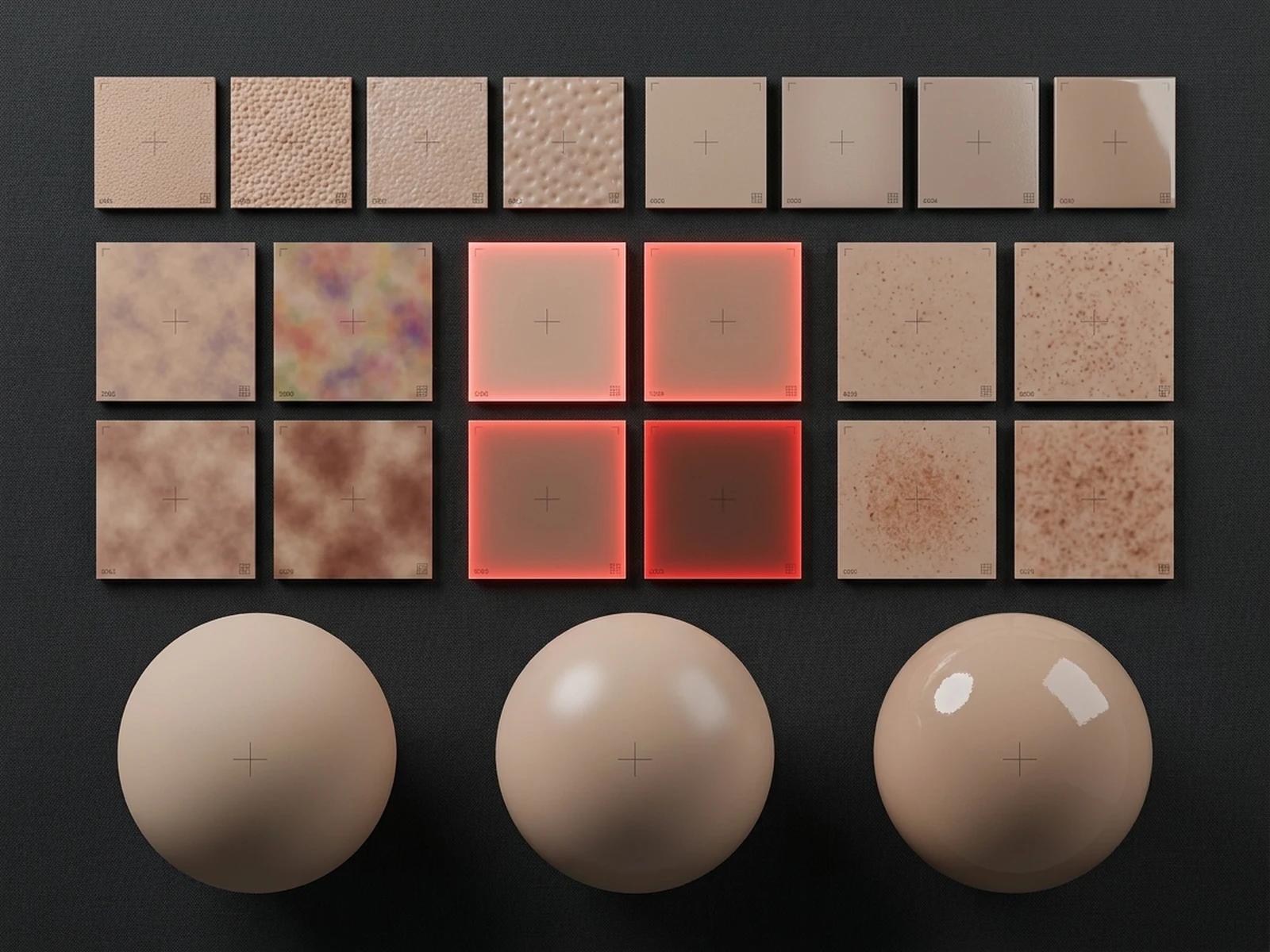 Digital skin shader board with pores, roughness, color, and material spheres