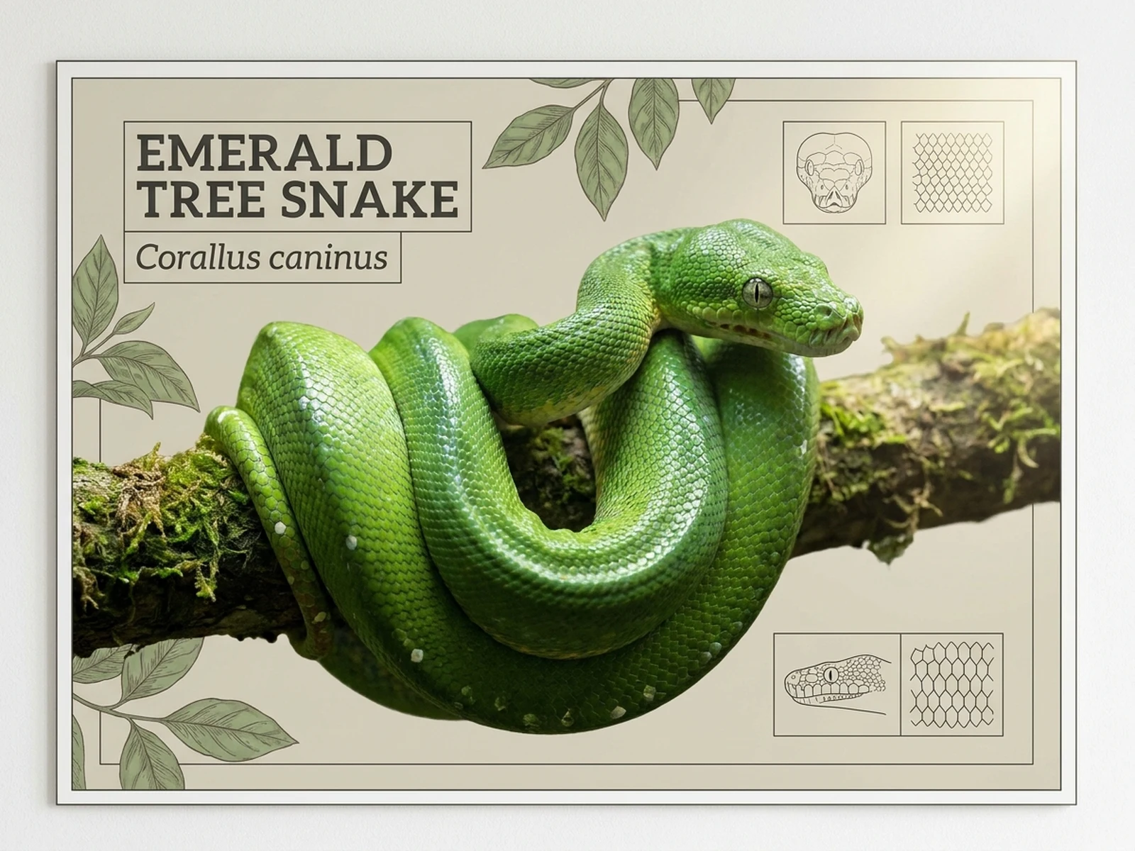 AI Snake Generator example showing rainforest snake portrait with controlled lighting and clear composition