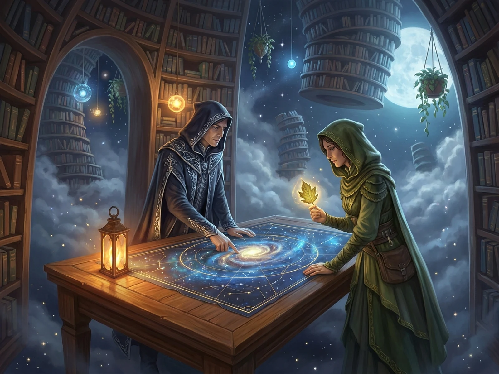 Two fictional fantasy companions studying a star map in a floating library