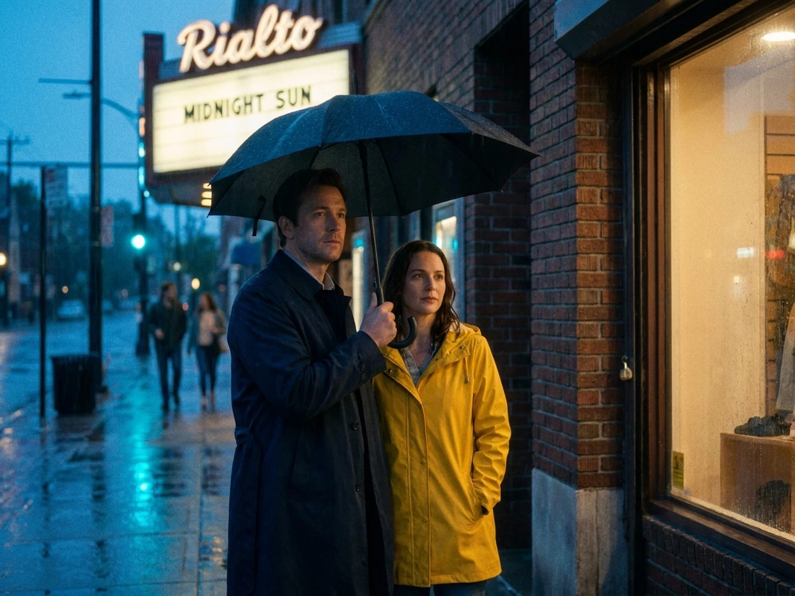 Fictional story pair sharing an umbrella outside a neighborhood cinema