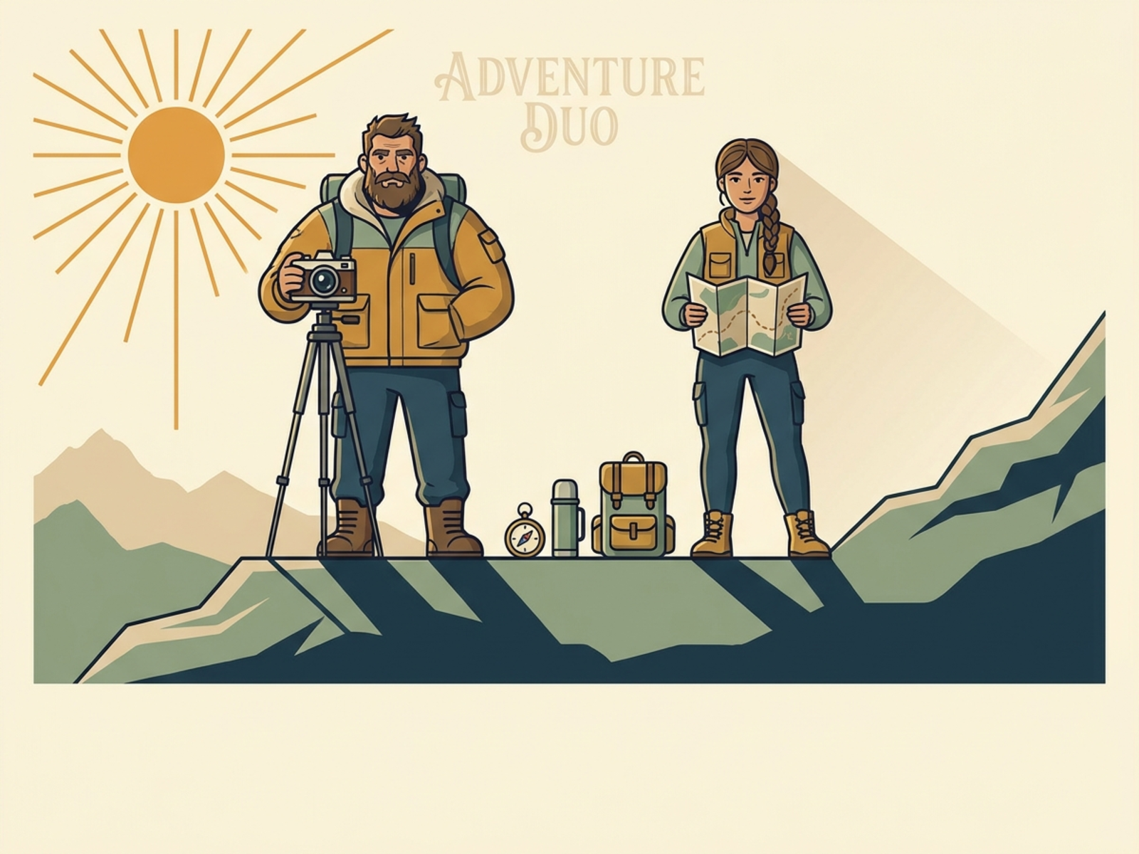 Complementary fictional adventure duo presented as character concept cards