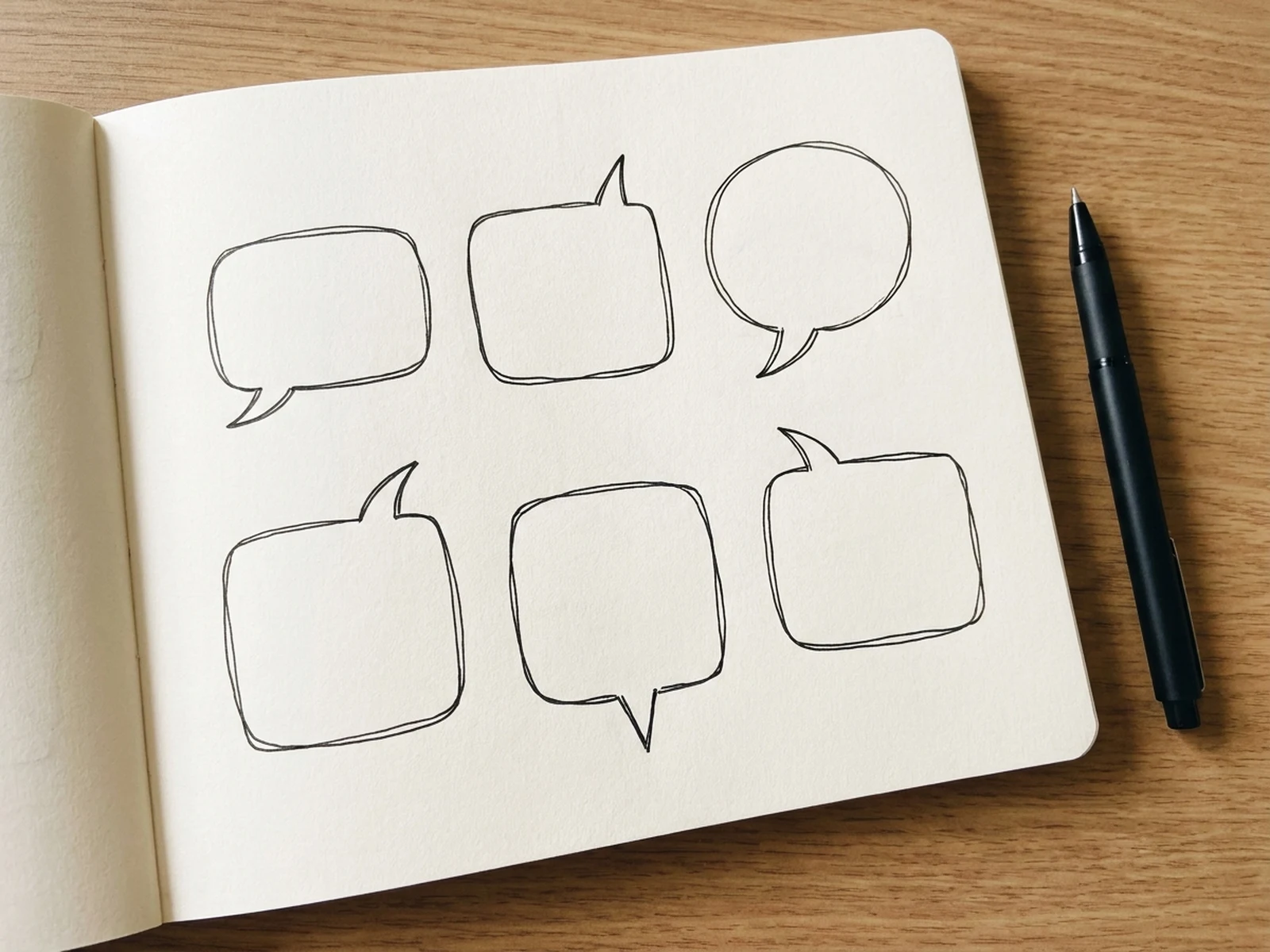 Six blank hand-drawn speech bubbles with varied tail directions on paper