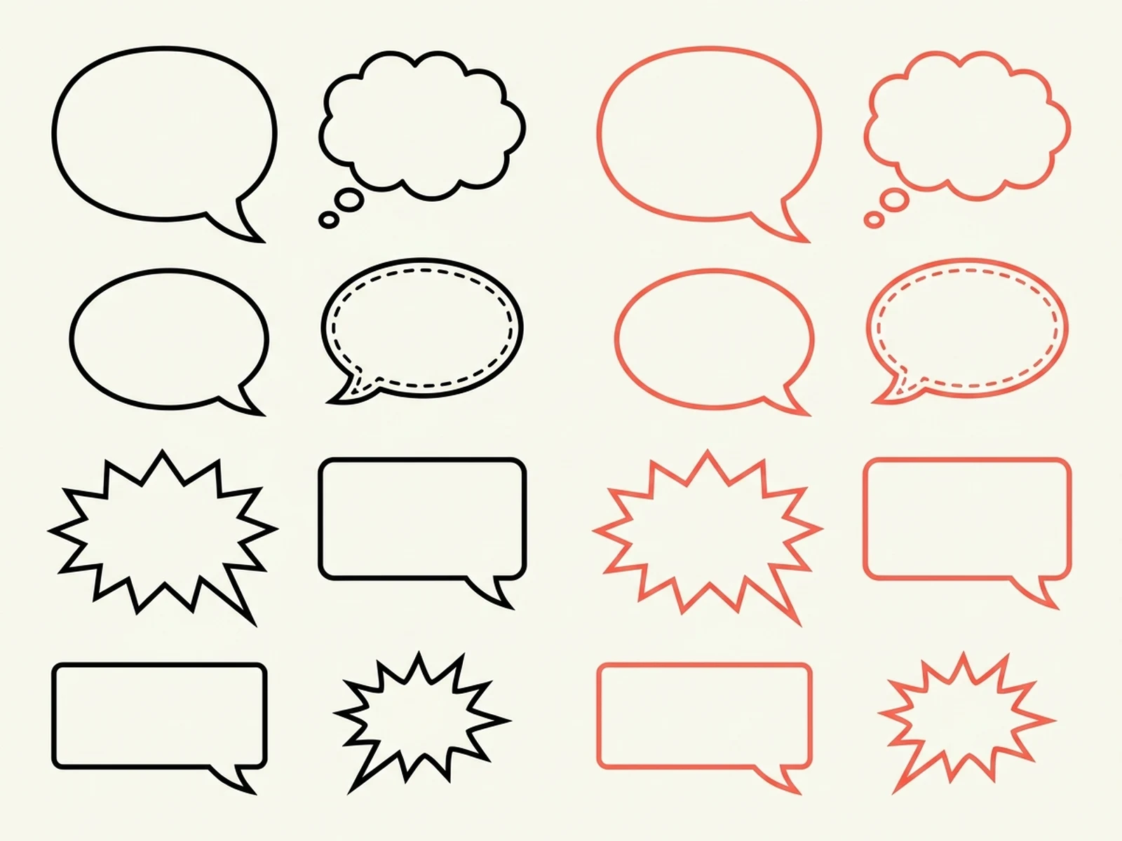 Twelve blank comic speech bubbles in a coordinated vector-style asset set