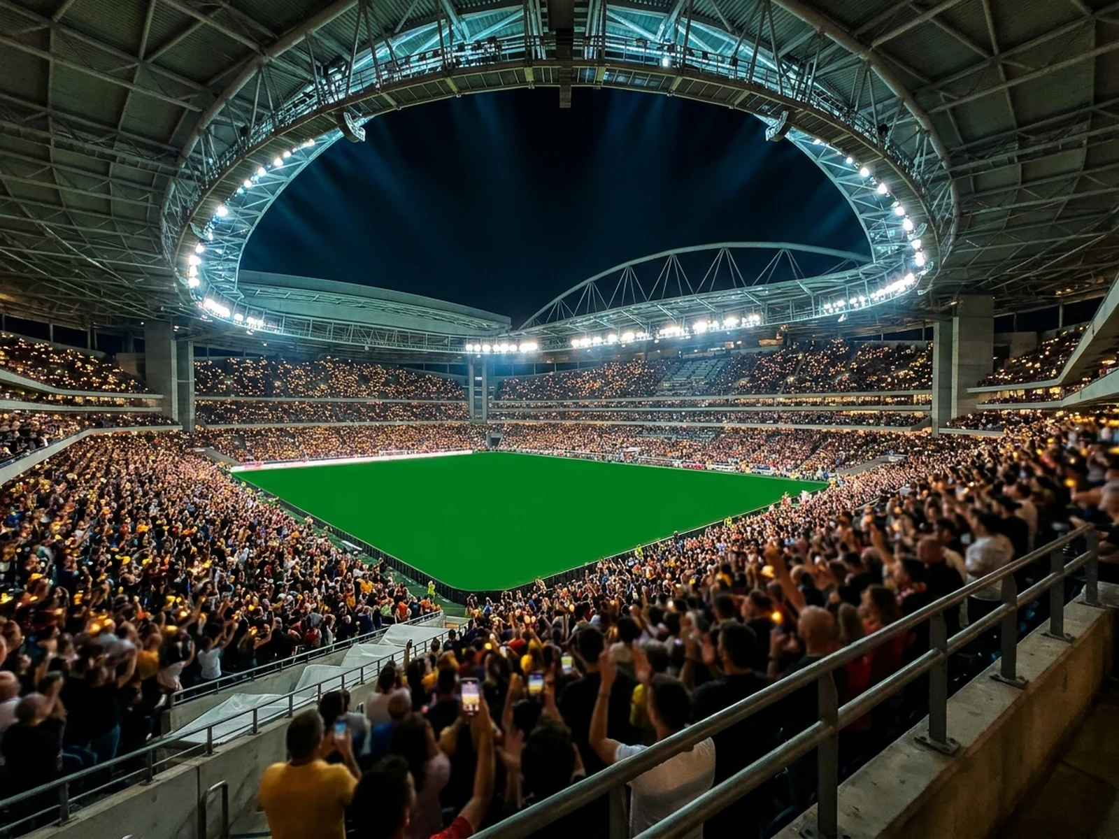 Original stadium seating bowl and field during a bright night match