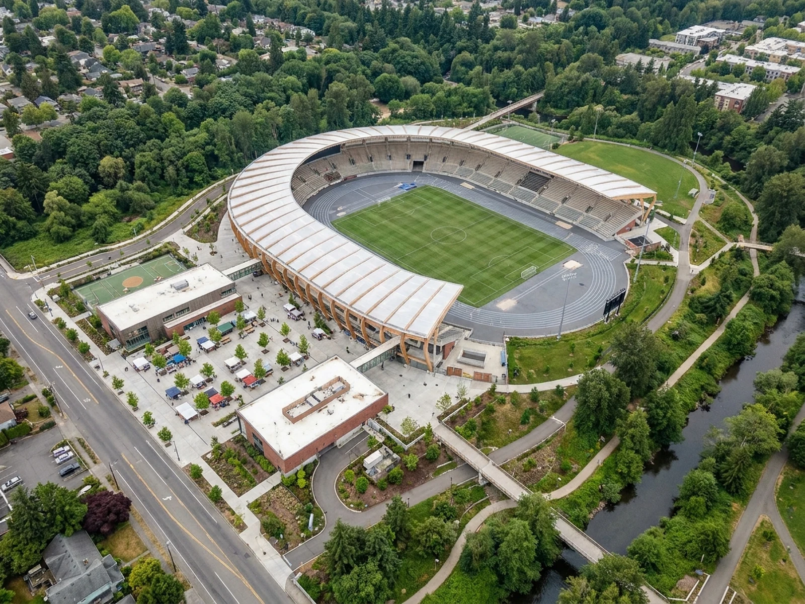 Compact community stadium integrated into a neighborhood park